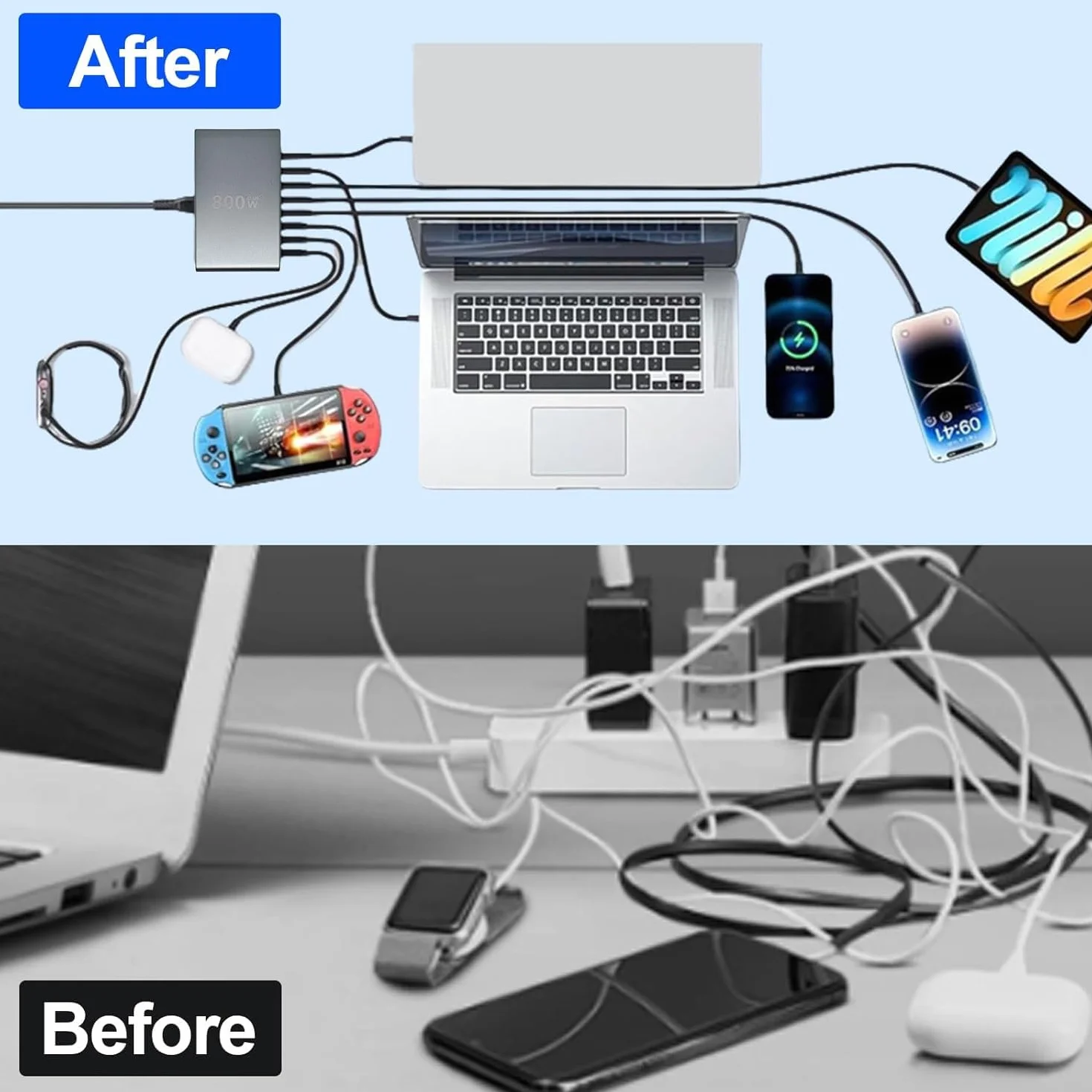 GaN III10 ładowarka USB C, 800 W, wiele portów USB, stacja ładująca 8 USB C i 2 USB A, szybka ładowarka, stacja ładująca, kompaktowa wielofunkcyjna ładowarka do laptopów (800 W + kabel do