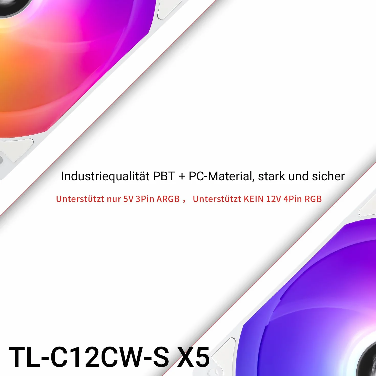 TR-Thermalright TL-C12CW-S X5, zestaw 5 wentylatorów obudowy ARGB, 120 mm, 4-pin PWM, ciche chłodzenie, prędkość 1550 obr./min, niski hałas 25,6 dBA, do systemów chłodzenia PC, białe
