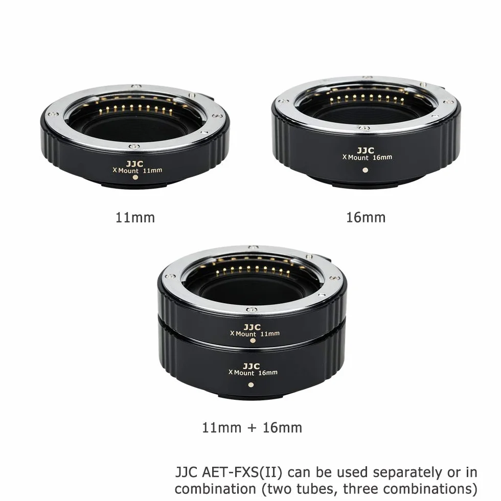 JJC Rura przedłużająca makro 11 mm/16 mm zestaw do wszystkich aparatów DSLR i lustrzanek Fujifilm Fuji X - automatyczne ustawianie ostrości - ekspozycja TTL - fotografia zbliżeniowa z etui na korpus i