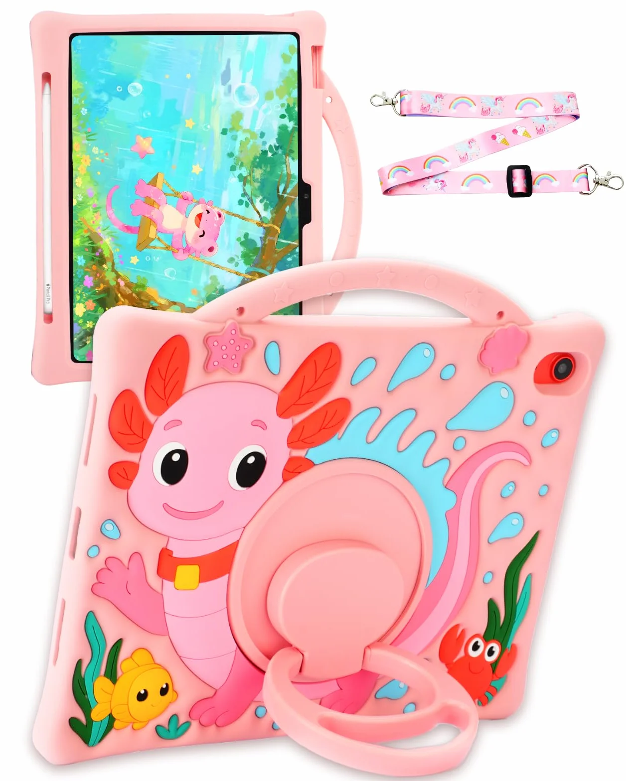 Etui dziecięce do iPada A16 11. generacji 11 cali 2025 i iPada 10. generacji 27.7 cm 2022, Axolotl 3D, uroczy, silikonowy pokrowiec dla dzieci z obrotowym stojakiem, regulowanym paskiem i
