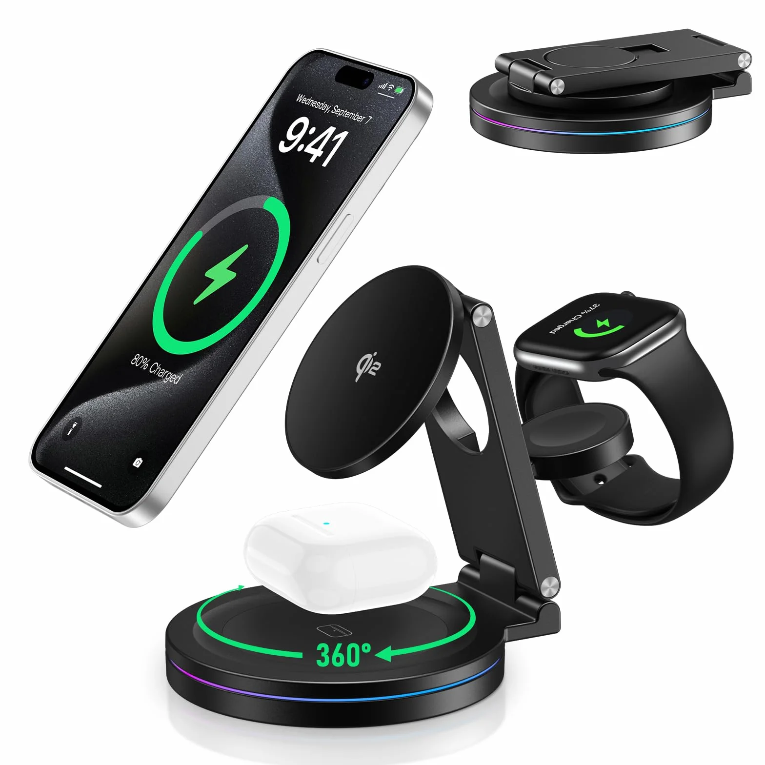 2025 Ulepszona składana obrotowa stacja ładująca Qi2 ze stopu cynku 3 w 1, magnetyczna bezprzewodowa stacja ładująca, do Apple iPhone 12~16, iWatch, AirPods i telefonów Samsung oraz słuchawek