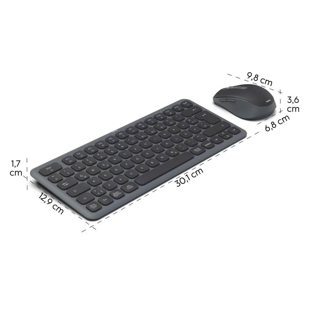 Hama Zestaw bezprzewodowej klawiatury i myszy (klawiatura wielofunkcyjna i mysz z Bluetooth/radiem, do komputera, smartfona, tabletu, mały, z bateriami, ciche klawisze scissort, klawisze