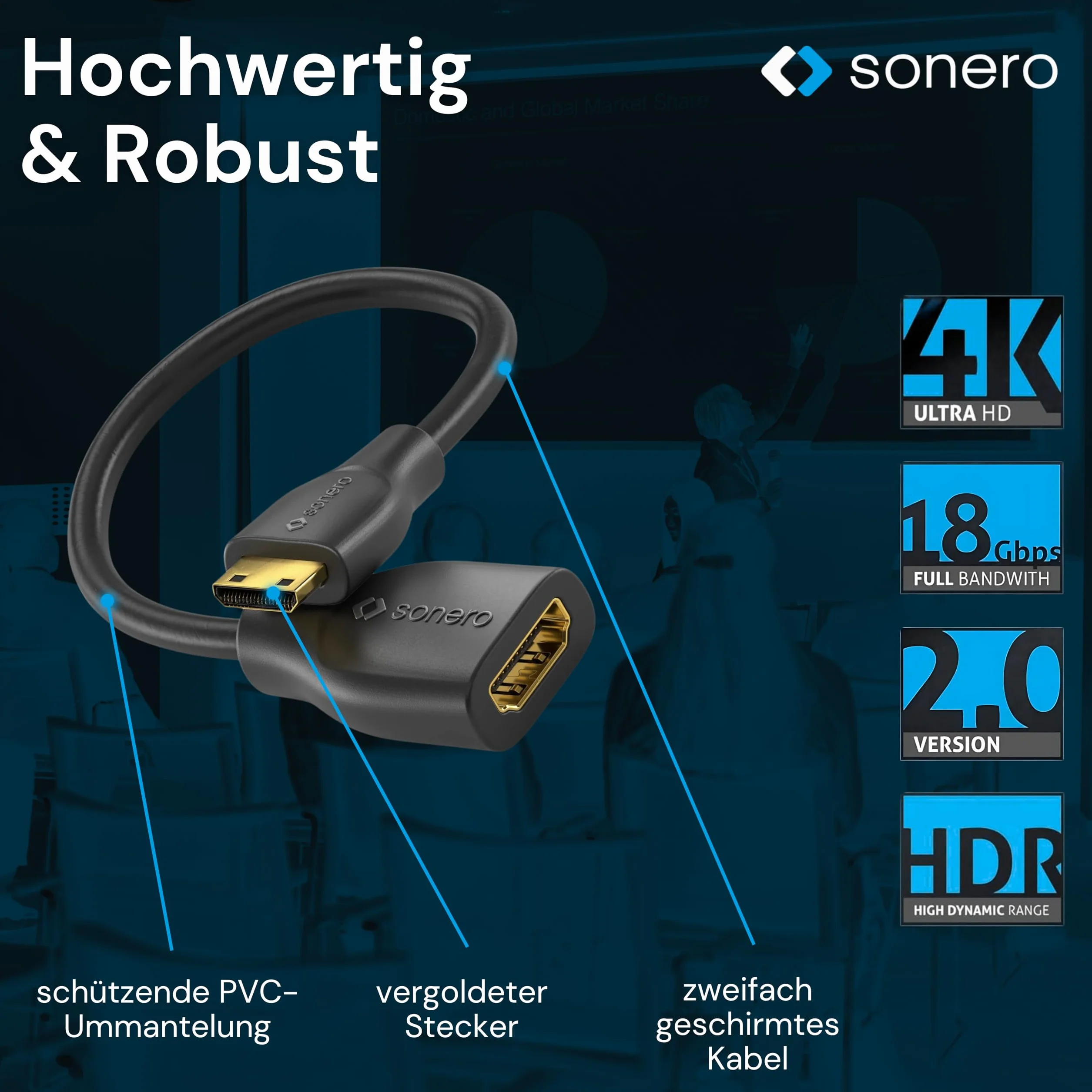 Sonero Mini HDMI na 4K HDMI Adapter do oszczędzania portów HDMI, wysoka prędkość Premium, wtyczka Mini HDMI C do gniazda HDMI A, podwójny ekran, obudowa PCV, 0,15 m, kurtka PVC, X-PHA020-0015
