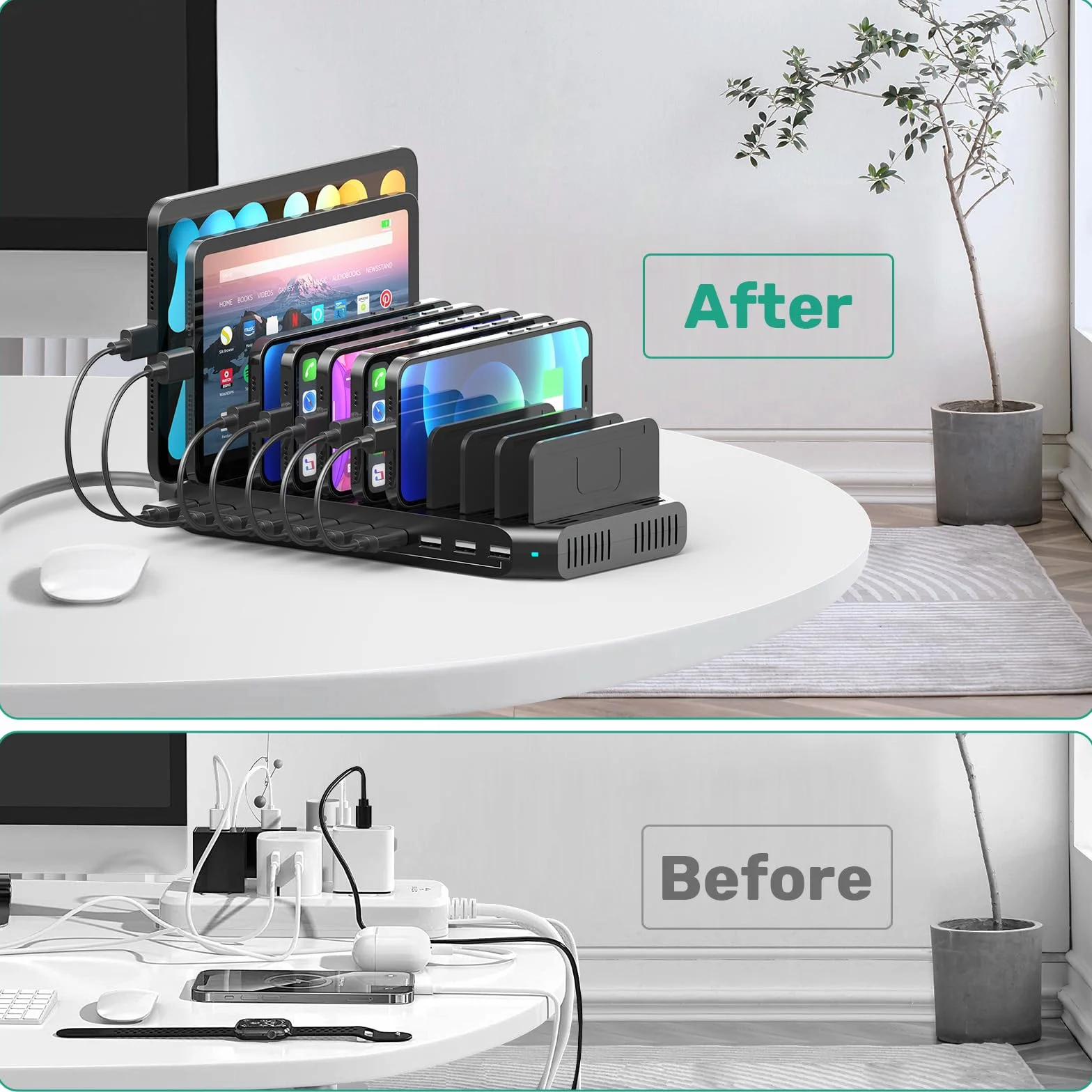 SUIDEK 10-portowa stacja ładująca, ładowarka USB 60 W do wielu urządzeń z regulowanymi ściankami działowymi, kompatybilna z tabletami, smartfonami