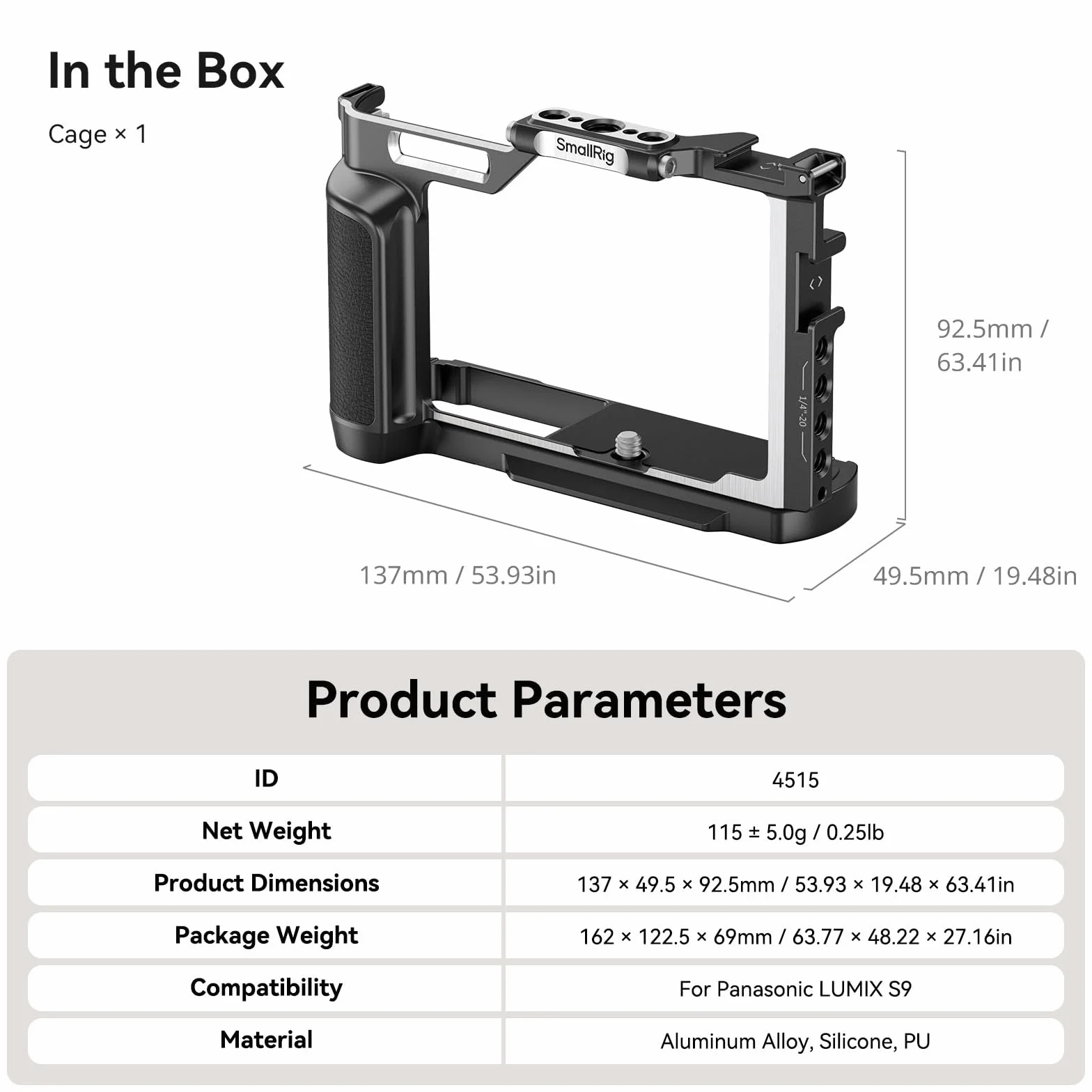 SMALLRIG Cage dla Panasonic LUMIX S9, Pełna Klatka ze Stopu Aluminium, z Płytką Szybkiego Montażu dla Arca-Swiss i Mocowaniem na Zimną Stopkę do Mikrofonu i Oświetlenia, z Otworami Gwintowanymi - 4515