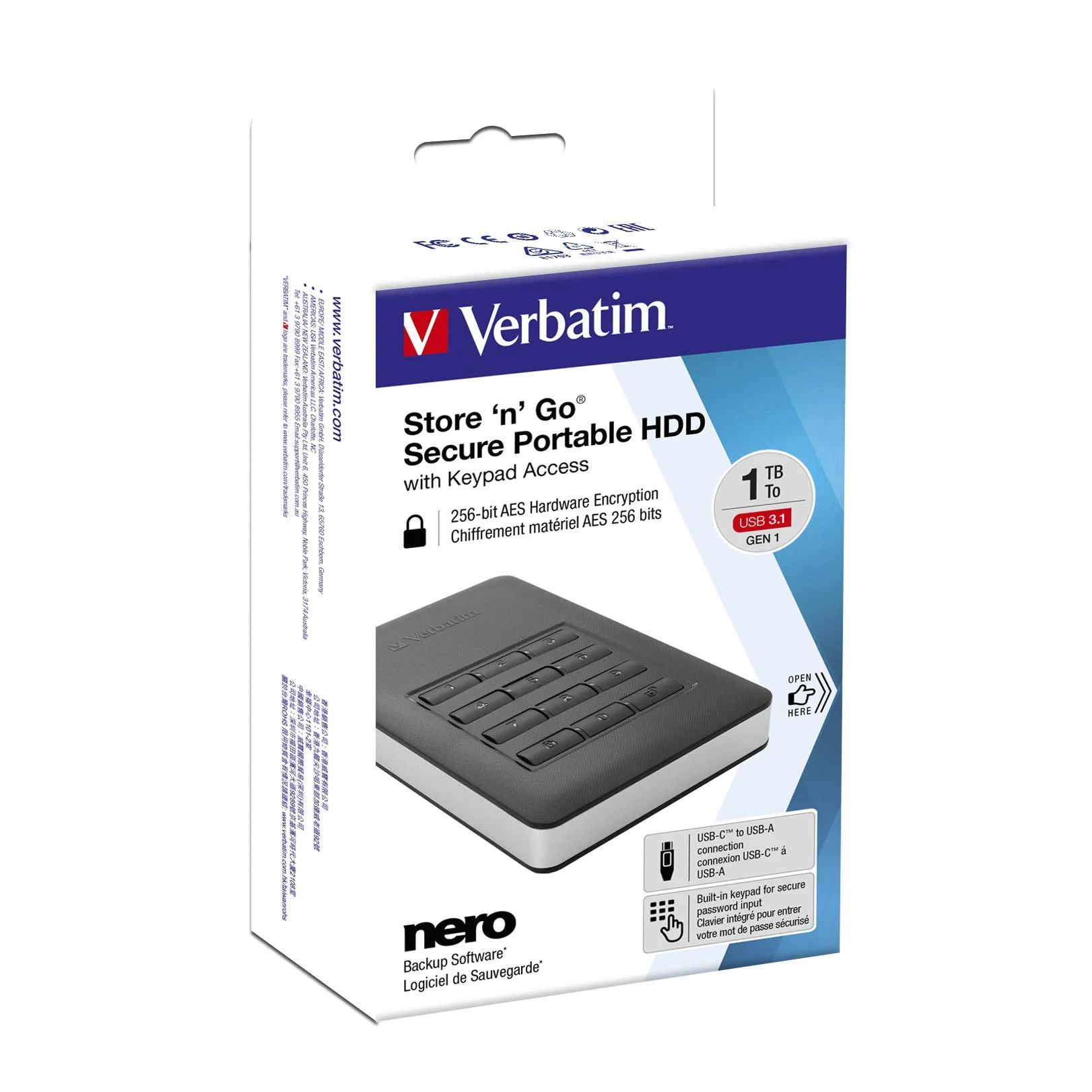 Verbatim Store 'n' Go Secure Port. HDD USB 3.1. Gen 1. 2 TB, Black, 53403 (USB 3.1. Gen 1. 2 TB, Black With Keypad Access)