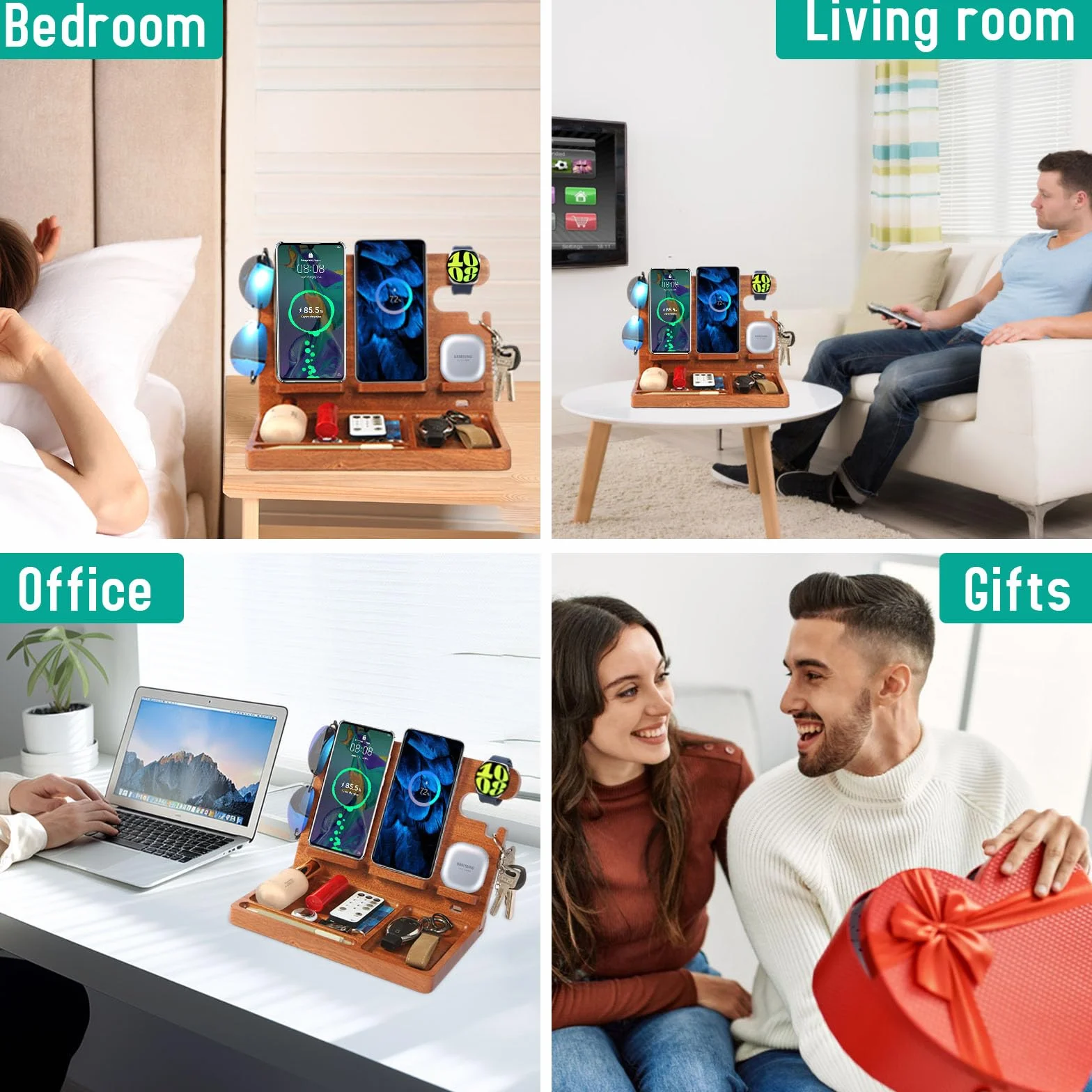 Organizer na biurko z 4 bezprzewodowymi stacjami ładującymi do urządzeń Samsung, podwójna bezprzewodowa ładowarka 27 W, szybkie ładowanie 2 telefonów, Galaxy Watch 8/7/6/5/4/3/2, pudełko TWS