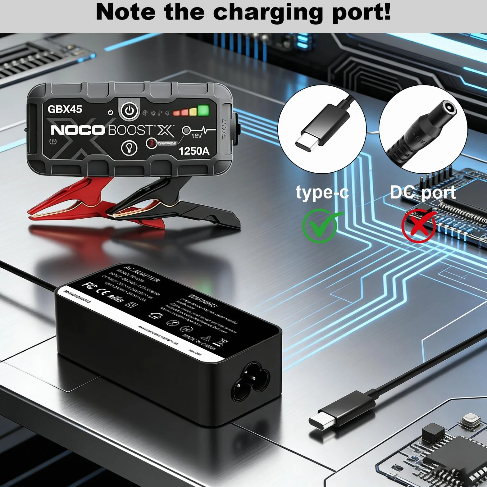 NOCO UltraSafe kabel do ładowania USB-C 65 W do przenośnego rozrusznika kompatybilny z NOCO Boost X GBX45 GBX55 GBX75 GBX155 przewód zasilacza sieciowego