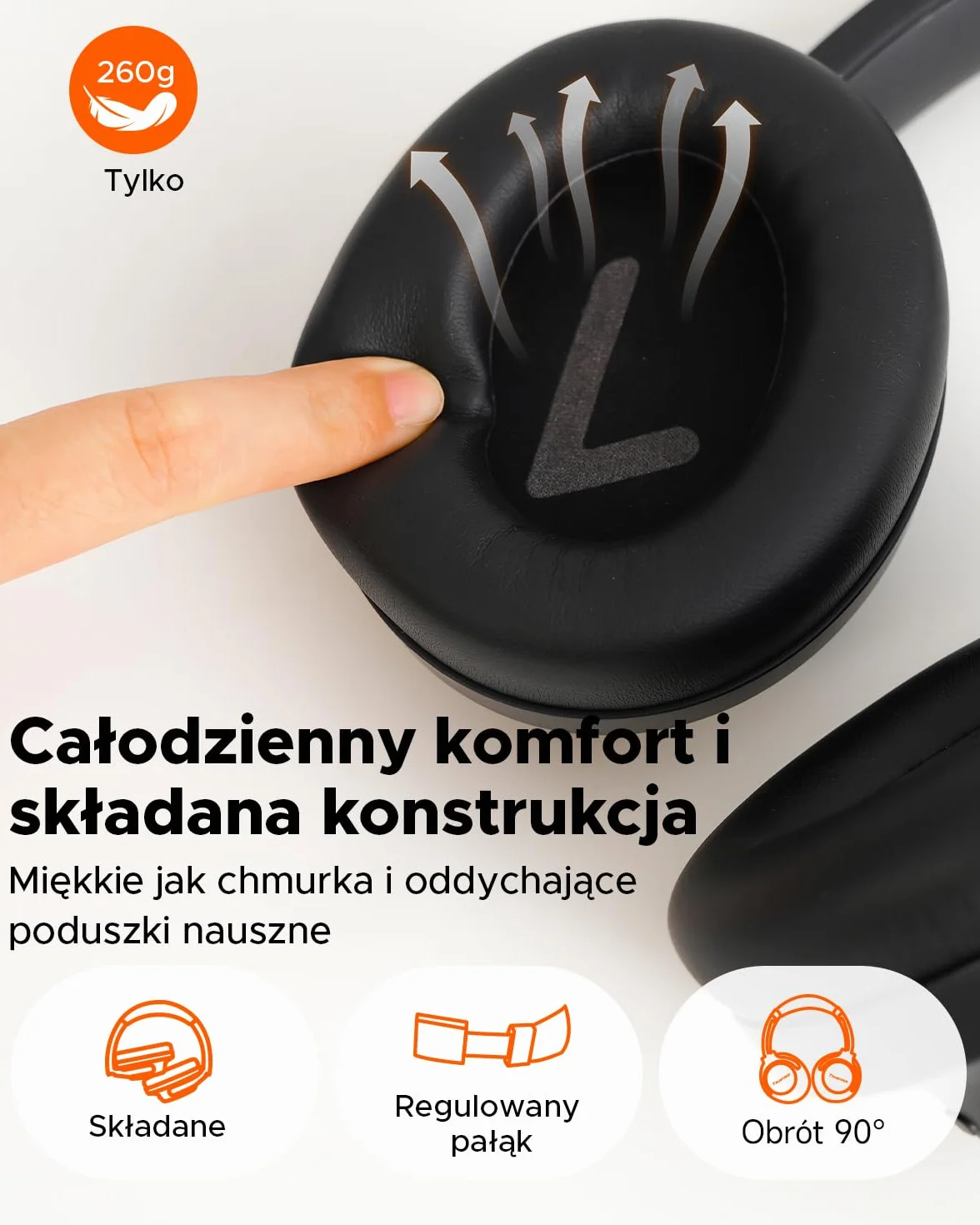 Truefree HF-10 nauszne słuchawki Bluetooth ze sterownikiem 40 mm, ANC -45 dB, dźwięk przestrzenny, akumulator 125 h, mikrofon AI, aplikacja, tryb gier, składany, USB-C, AUX, zestaw słuchawkowy z