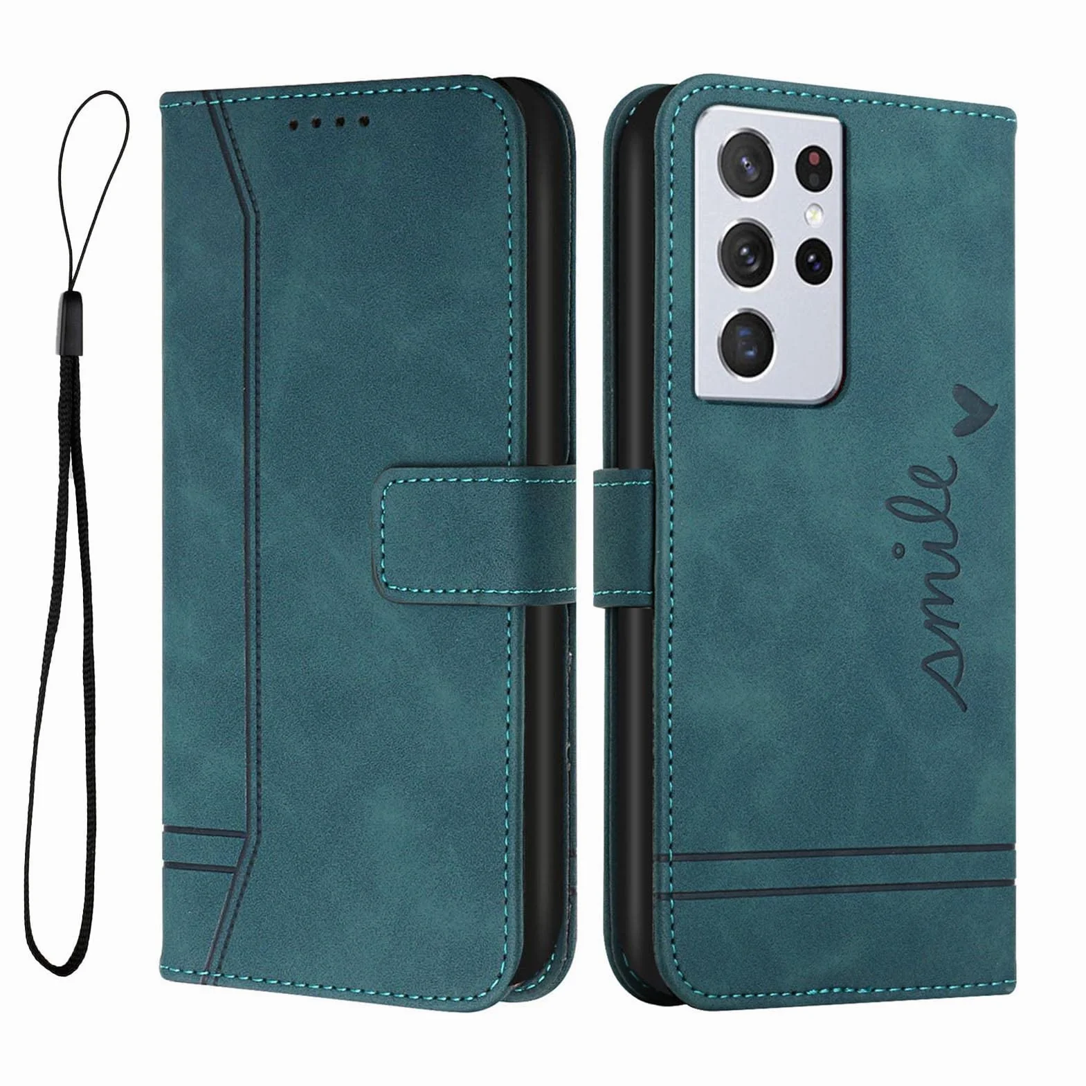 Etui do Samsung Galaxy S22 / S22 Plus/S22 Ultra, etui portfelowe ze skóry PU z uchwytem na karty, podpórka, pasek na nadgarstek, etui z klapką folio na telefon, zielony, S22 6,1 cala