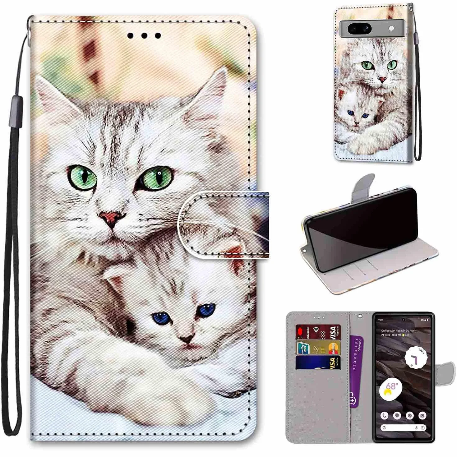 Etui do Google Pixel 7A, skórzane etui z klapką z wewnętrzną obudową TPU magnetyczny stojak z klapką kompatybilne z Google 7A - Kot 2