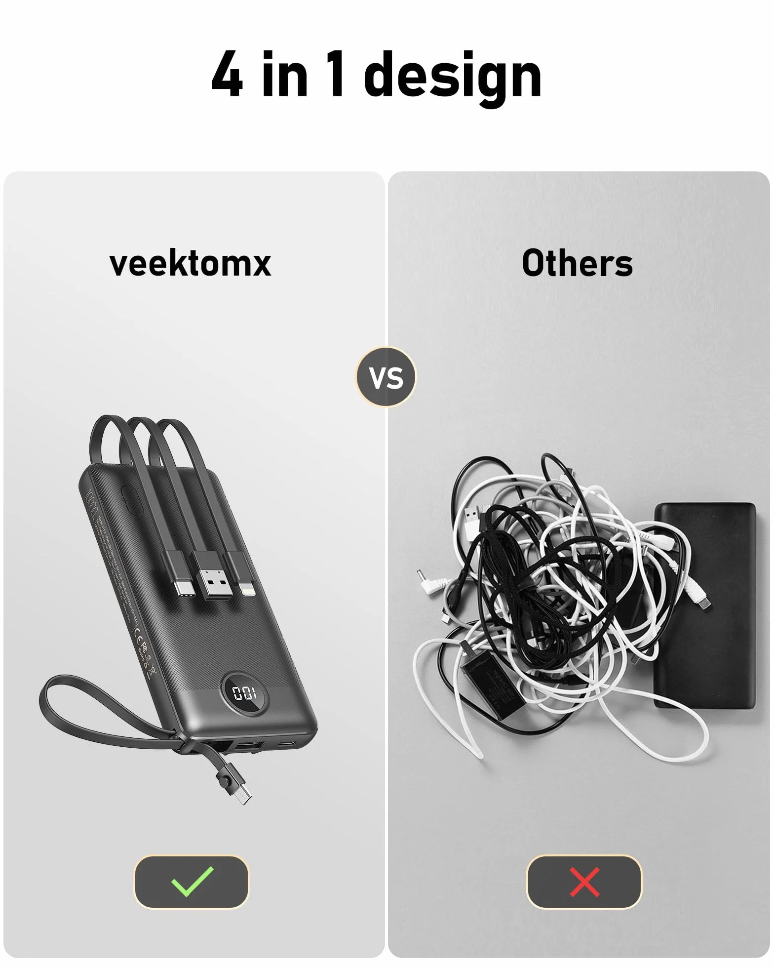 VEEKTOMX Power Bank 10000mAh Powerbank z wbudowanymi kablami, przenośna ładowarka USB C 2.4A szybkie ładowanie przenośna ładowarka z 5 wyjściami i wyświetlaczem LED do iPhone'a 15 pro/iPad/Galaxy S22