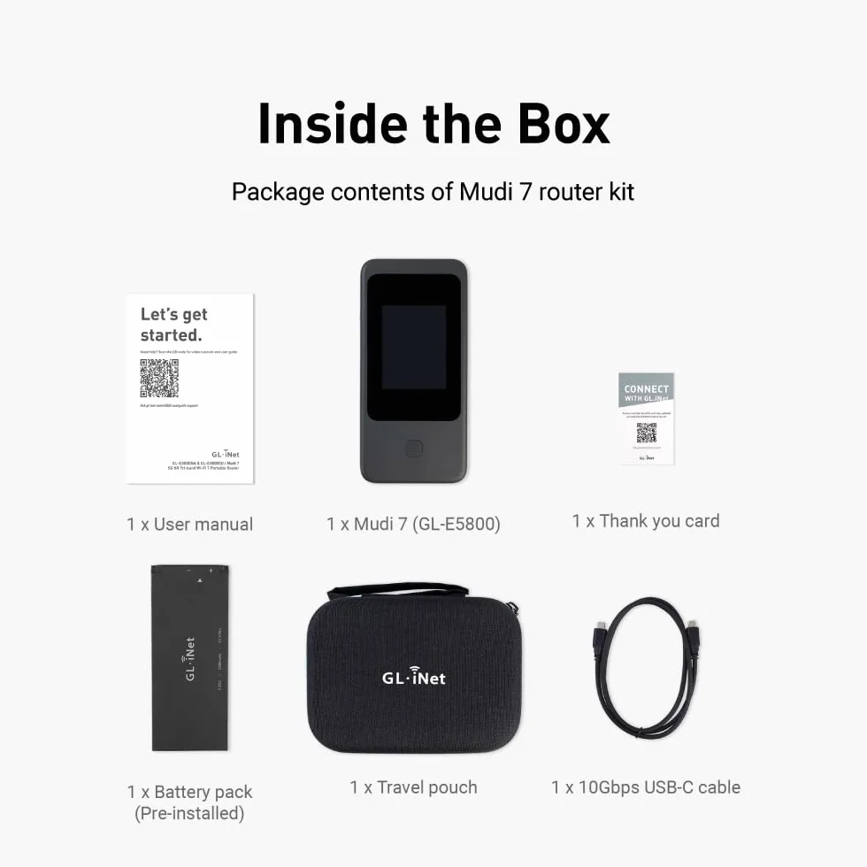 GL.iNet Mudi 7 (GL-E5800) Wi-Fi 7 5G Travel Router with eSIM & Dual SIM, 2.8" Touchscreen, Tri-Band up to 5.76 Gbps, 2.5G Ethernet, 700Mbps VPN, 13.5h Battery — Mobile Hotspot for Travel, Livestream