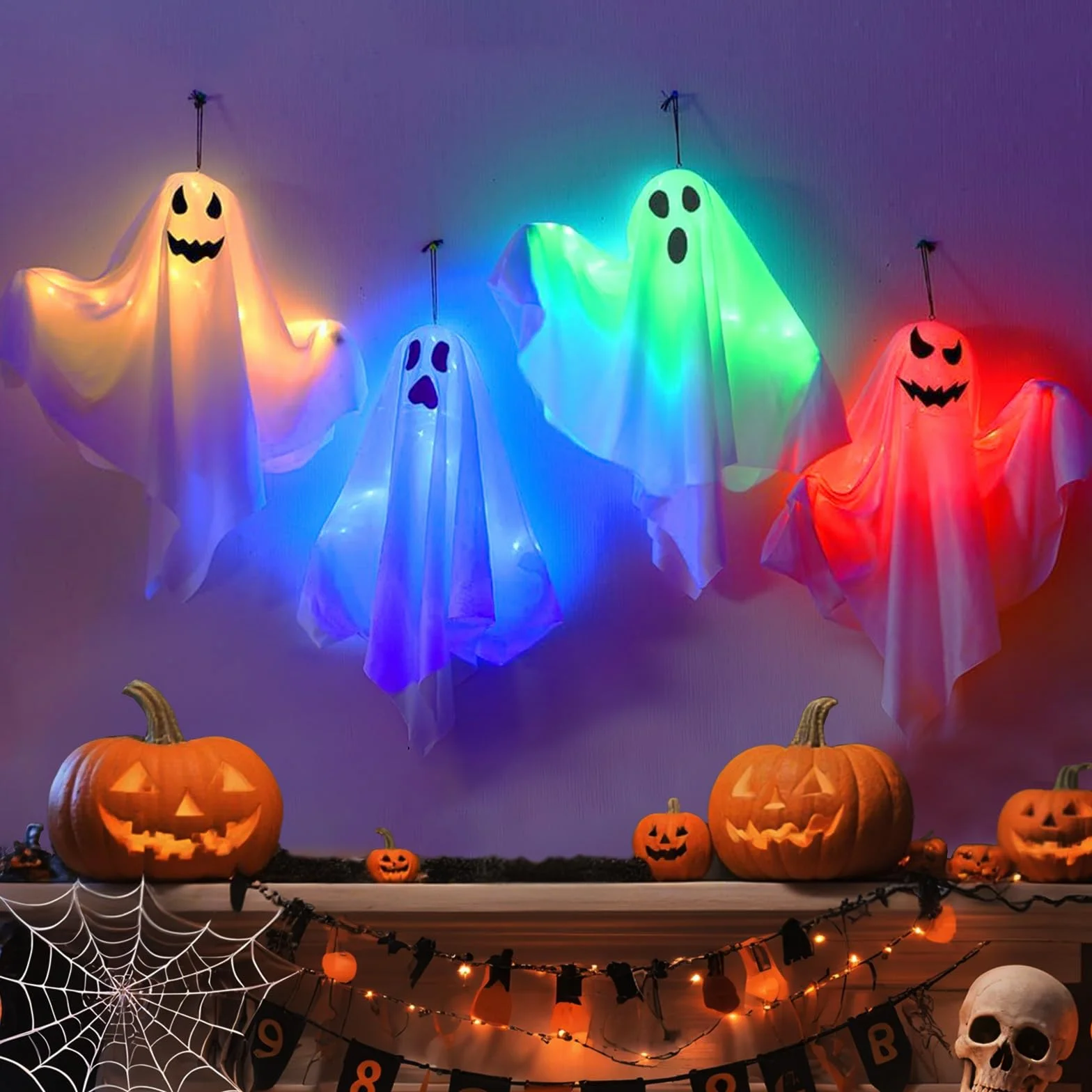 Dekoracyjne duchy LED na Halloween, dekoracja wisząca, 4 sztuki