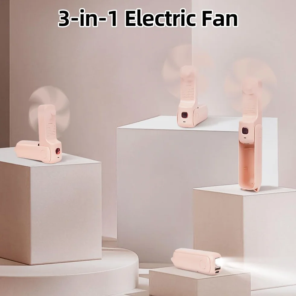 AUAUY Przenośny mini wentylator, wentylator ręczny 3 w 1, wentylator kieszonkowy ładowany przez USB, cichy mini wentylator z 3 prędkościami, z baterią zewnętrzną i latarką