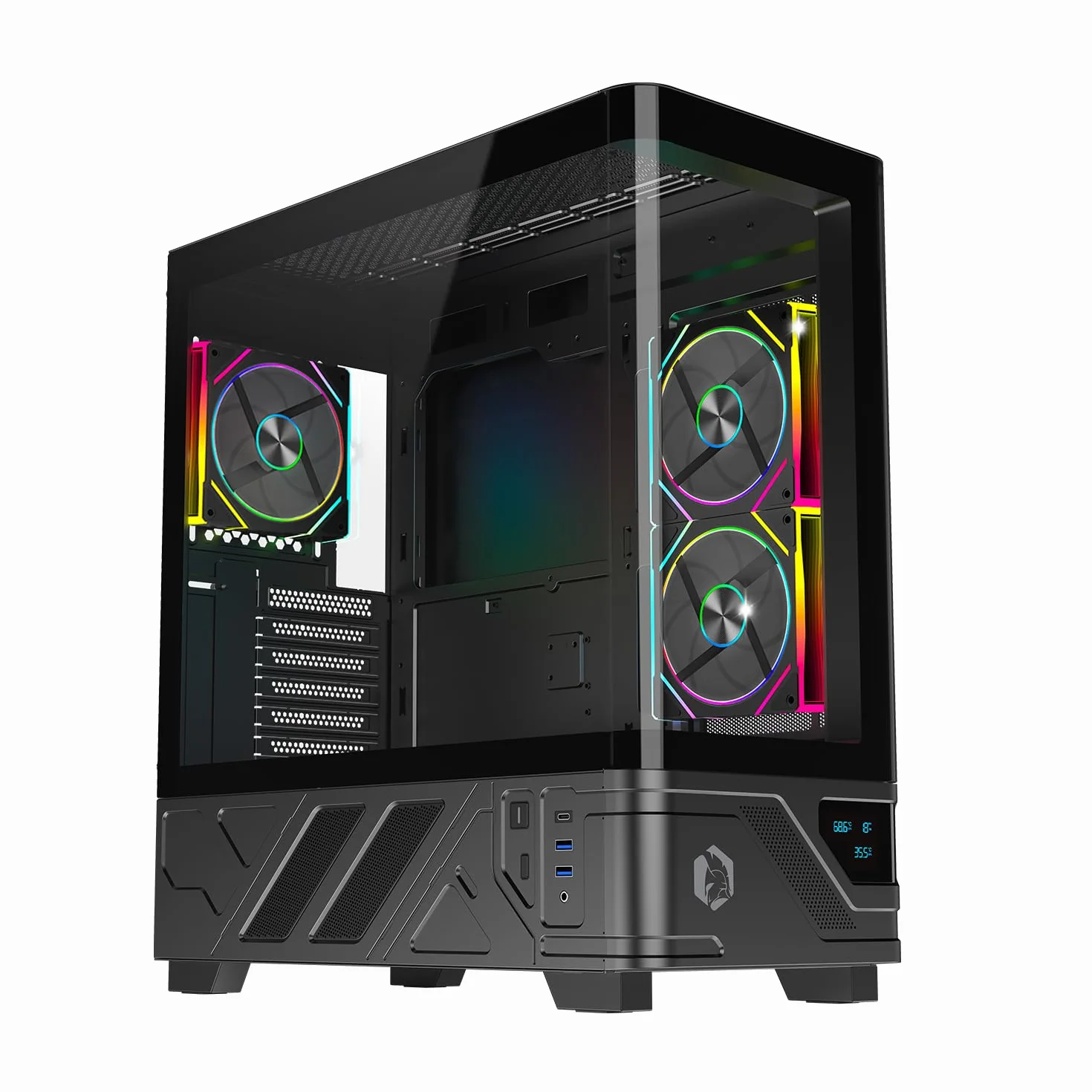 EMPIRE GAMING ECM252 Średnia wieża obudowa do gier - wbudowany cyfrowy wyświetlacz (temperatura procesora/GPU, RPM) - 3 wentylatory ARGB - kompatybilne z ATX, Micro-ATX, ITX - USB C (czarny)