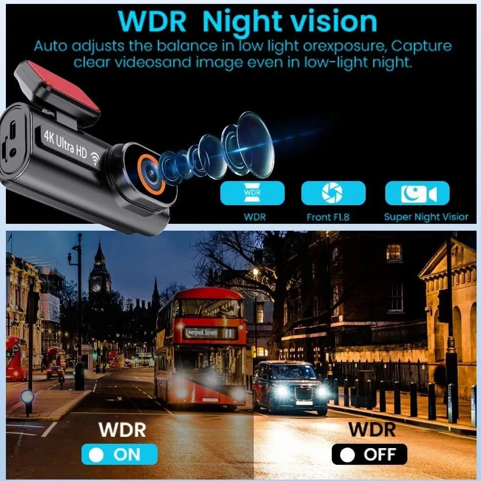 Kamera samochodowa 4K z nagrywaniem w pętli, 24-godzinnym monitorowaniem parkowania, nagrywarka 1080P z trybem nocnym, tylna kamera, obsługuje WiFi i GPS,None