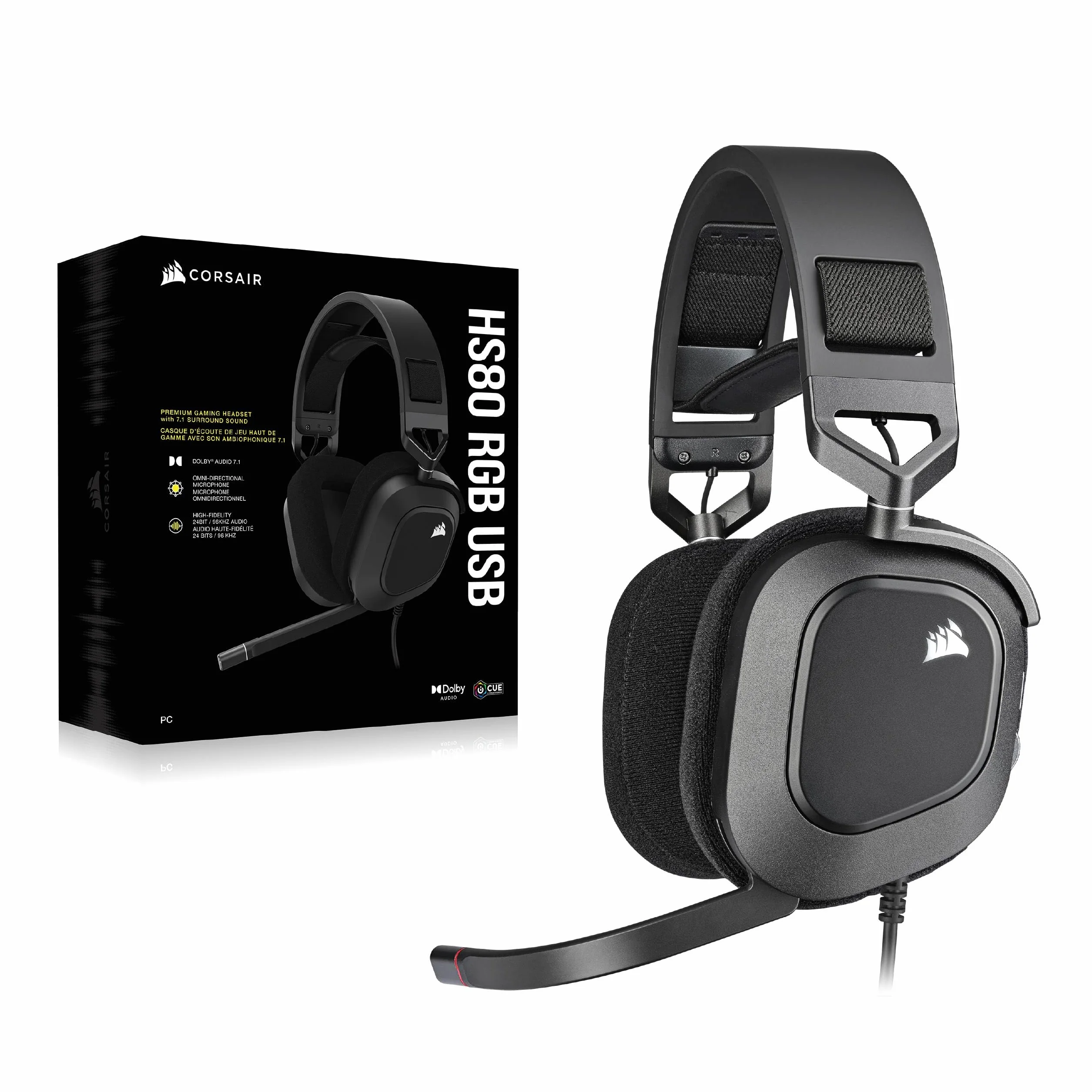 Corsair HS80 RGB USB Gamingowy Zestaw Słuchawkowy Klasy Premium z Dźwiękiem Przestrzennym 7.1, Mikrofon o Jakości Nadawczej, Nauszniki z Pianki z Pamięcią, Dźwięk HiFi, Solidna Konstrukcja, Czarny