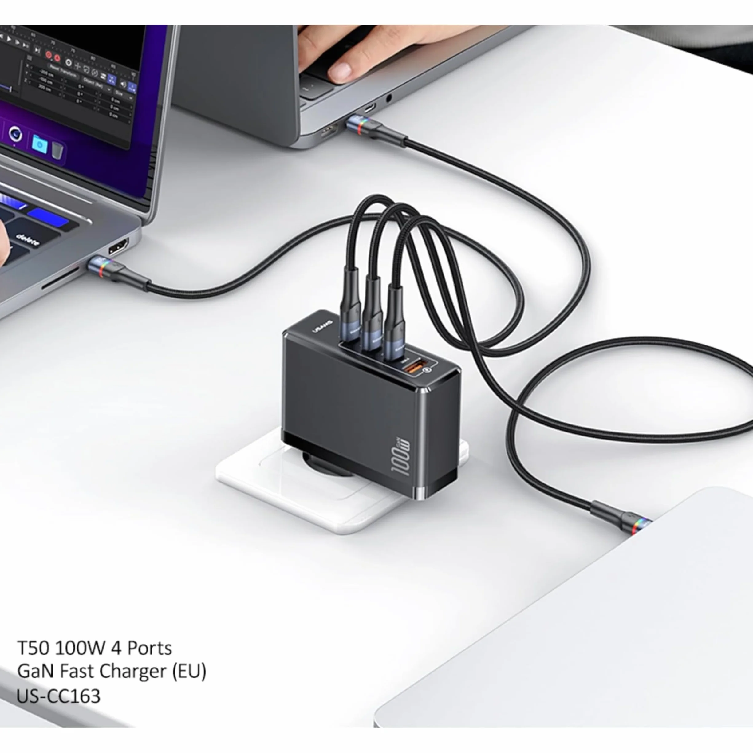 P4Y Ładowarka sieciowa 3XUSB-C+1XUSB US-CC163 T50 Szybkie ładowanie 100W QC3.0/QC2.0/AFC/SCP/FCP/PD3.0 Chip GaN (EU) Czarna