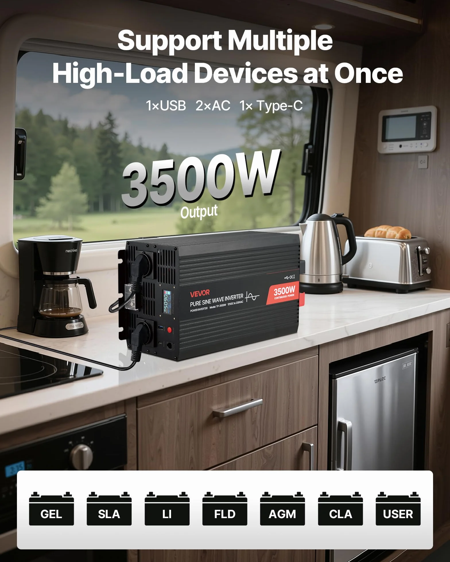VEVOR Falownik prądu 3500 W, czysty falownik sinusoidalny 12 V DC na 230 V AC, konwerter ładowarki samochodowej z wyświetlaczem LCD, pilotem zdalnego sterowania, portami USB i typem C, gniazdami AC