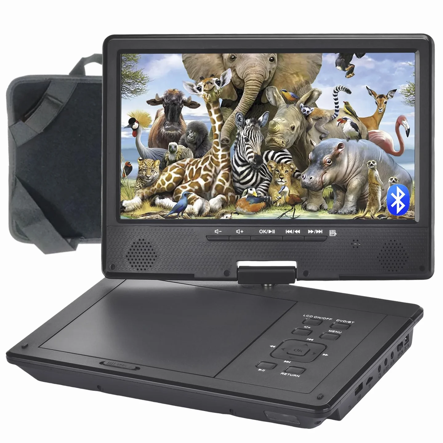 Przenośny odtwarzacz DVD YOOHOO 12,5" z Bluetoothem i obrotowym ekranem 10,5" dla dzieci, nie obsługuje wszystkich regionów, bezpośrednie odtwarzanie wszystkich formatów MKV/MP4/WAV/MP3/CD