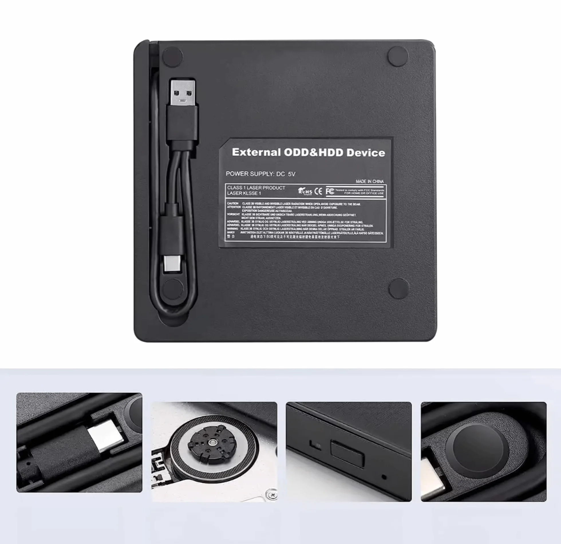 Reagle Zewnętrzny napęd CD/DVD USB-C i USB-A 2 w 1, zewnętrzny palnik i czytnik do laptopów Windows Linux Plug & Play USB 3.2 Gen 1 5 Gbps Slim Design czarny