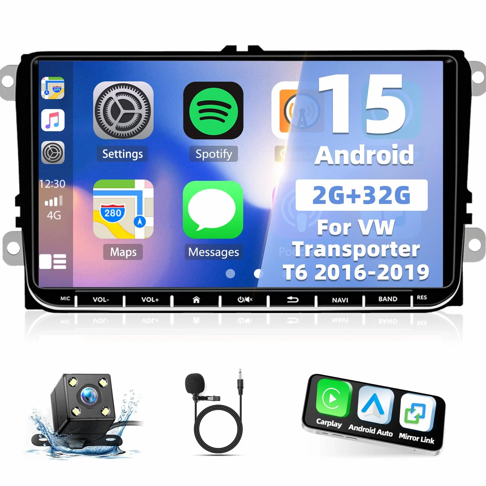 Radio samochodowe z systemem Android 14, 2 DIN, do VW Transporter T6 2016-2019, z bezprzewodowym systemem Carplay Android, podwójne radio DIN, ekran dotykowy 9 cali, nawigacja GPS, WiFi, Bluetooth