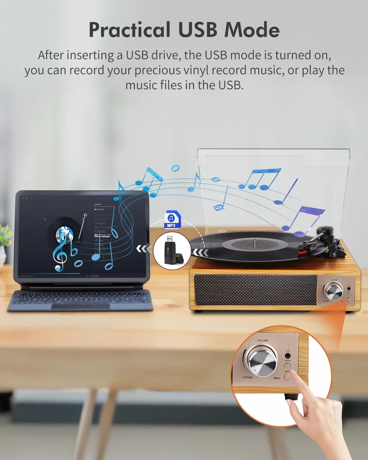 VIFLYKOO Gramofon, Bluetooth 5.4 z 2 Głośnikami Stereo, Bezprzewodowy 3-Biegowy 33/45/78 obr./min, Odtwarzacz Winylowy Obsługuje Wejście Słuchawkowe/Wejście AUX/Wyjście RCA/USB