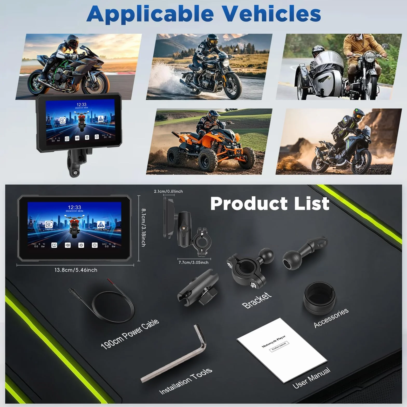 5-calowy wyświetlacz Motorfiets Carplay z bezprzewodowym CarPlay i Android Auto, wodoodporny IP67, 0z obsługą monitorowania ciśnienia w oponach, nawigacji GPS i sterowania głosowego – Nadaje się do
