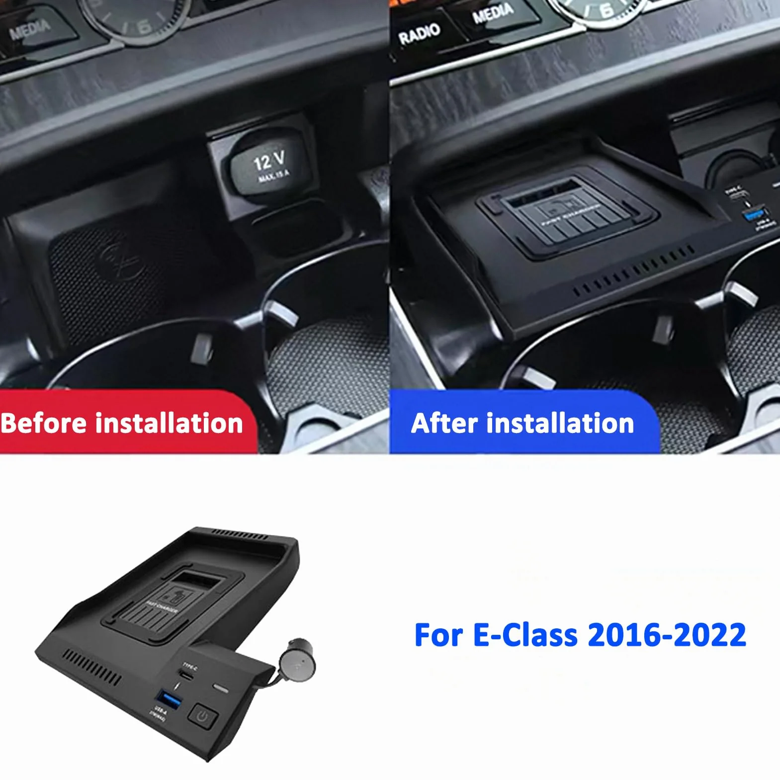 Bezprzewodowa Ładowarka Samochodowa Kompatybilna z Mercedes-Benz Klasa E W213 2016–2022, Szybkie Ładowanie Qi 15W Styl OEM do Konsoli Centralnej, Moduł z Ochroną i Chłodzeniem
