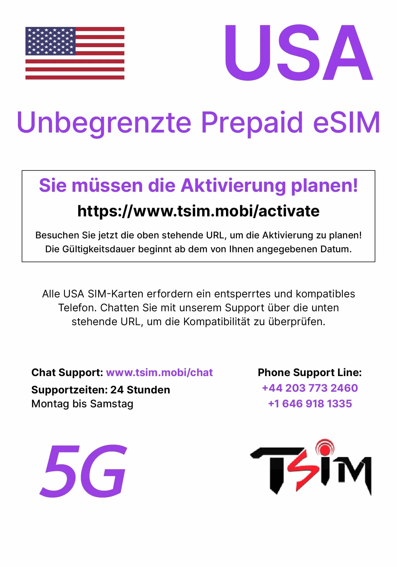 eSIM na podróż do USA. Prepaid. Sieć T-Mobile z nielimitowanymi danymi, połączeniami i wiadomościami. eSIM 5G (ważna przez 15 dni)