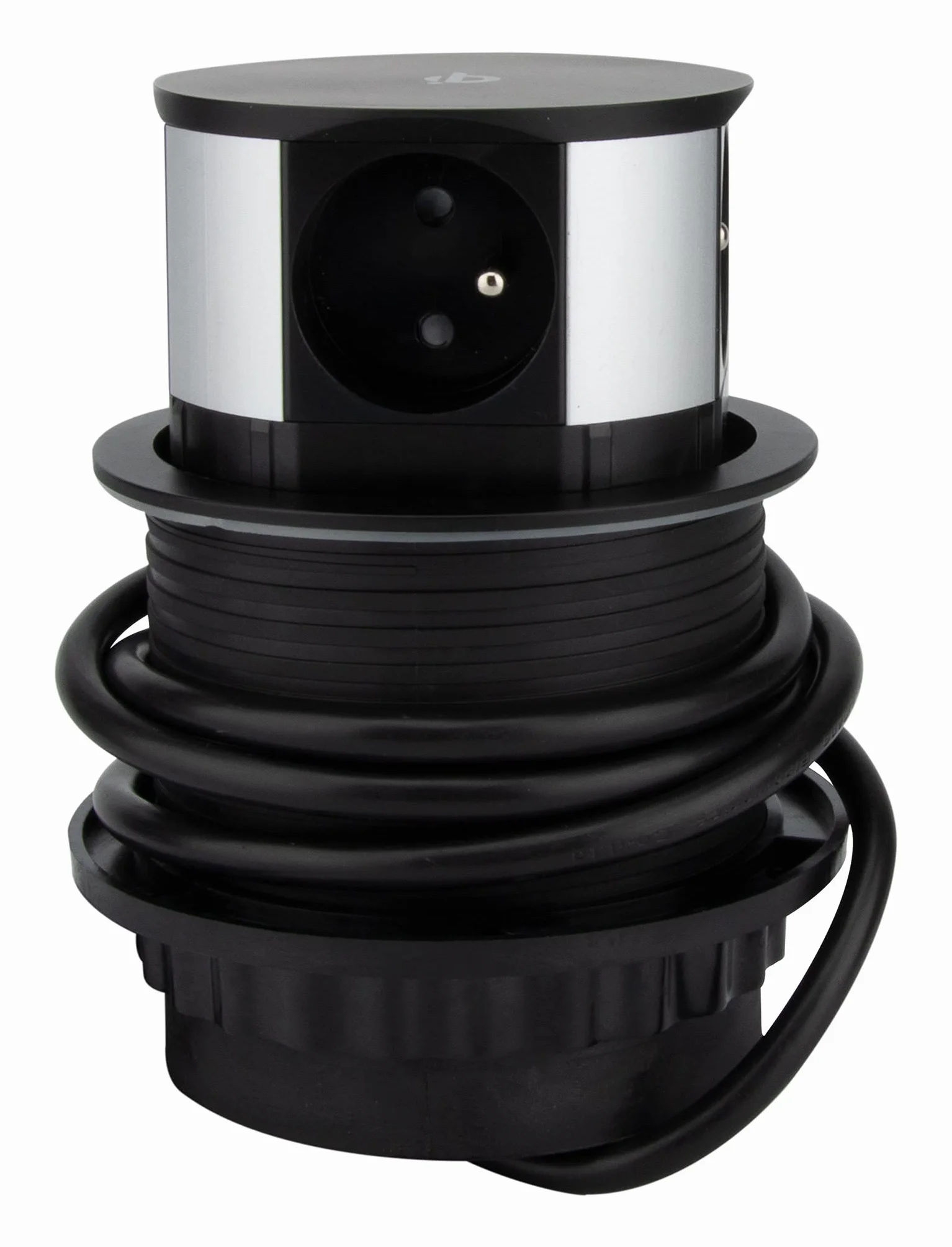 Otio, listwa zasilająca do zabudowy z 3 gniazdami 16 A + 2 portami USB (USB-C) i ładowarką indukcyjną 10 W - czarna - kabel 1,5 m - średnica wiercenia Ø10 cm - wysokość po rozłożeniu 6 cm