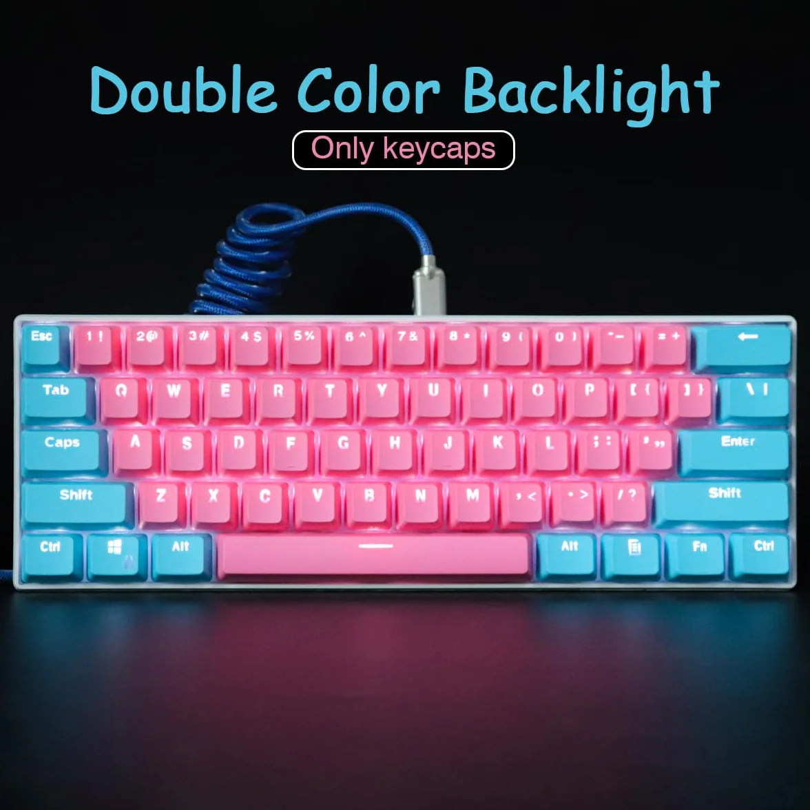 Sunzit Nasadki klawiszy, 61 klawiszy, podświetlenie dwukolorowa klawiatura mechaniczna PBT do klawiszy GH60 / RK61 / ALT61 / Annie / klawiatura poker (różowe i niebieskie)