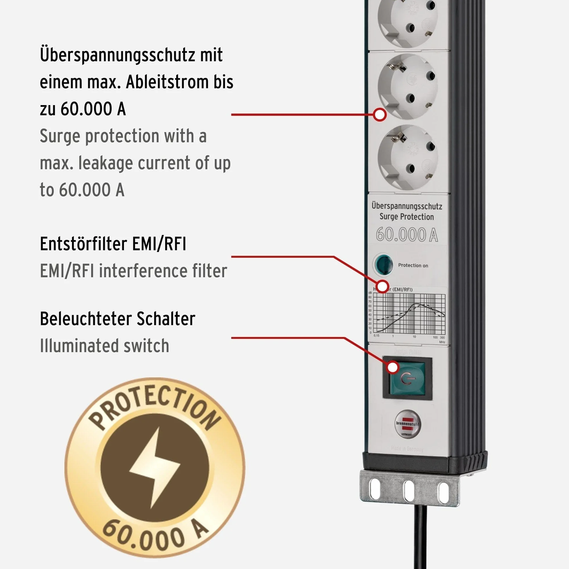 Brennenstuhl Premium-Line 6-drożna listwa zasilająca z ochroną przeciwprzepięciową 60 000 A (format 19 cali, kabel 3 m, z przełącznikiem, wyprodukowana w Niemczech), czarna/szara