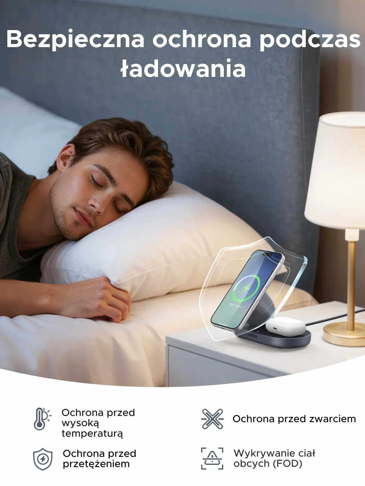 UGREEN Zapix 2 w 1 Magnetyczna ładowarka Bezprzewodowa 15W, stacja ładowania iPhone'a z certyfikatem Qi2, kompatybilna z MagSafe dla serii iPhone 17/16/15/14/13/12 i AirPods, z kablem 1m – Czarny