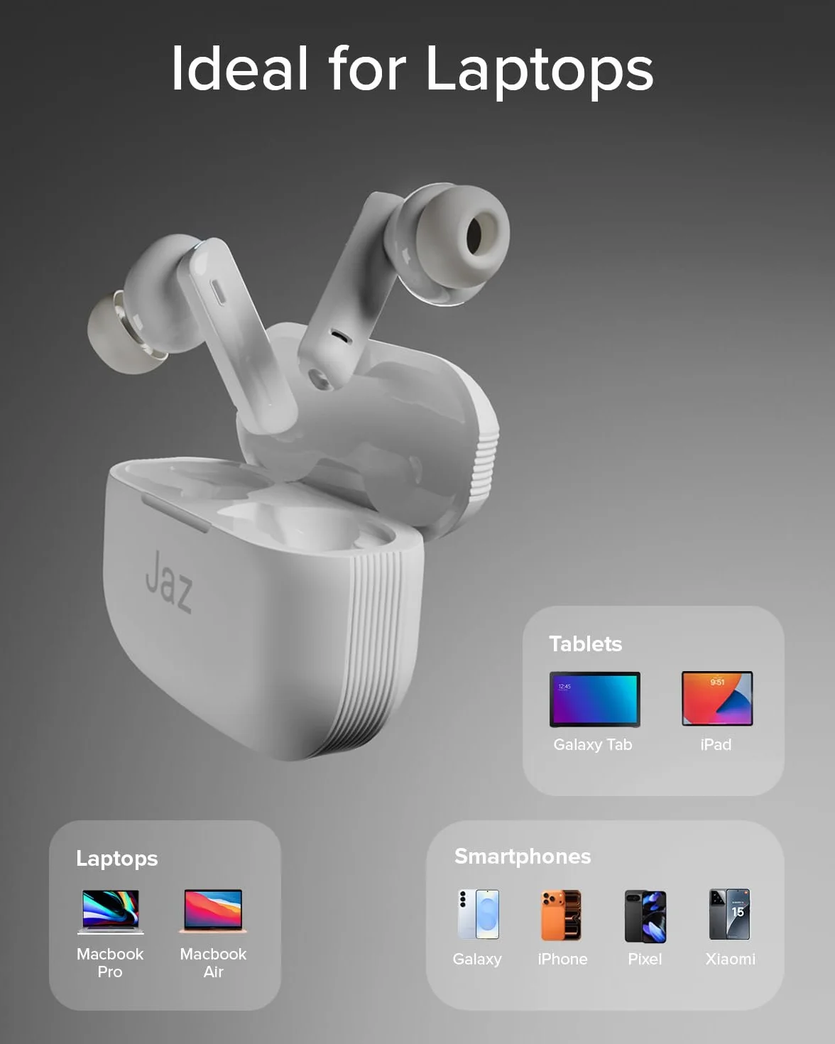 JAZ Maks - Słuchawki douszne In-Ear True Wireless Stereo, Aktywna Redukcja Szumów, Etui Ładujące, Mikrofon HD, Sterowanie Dotykowe, Do Smartfonów, Tabletów, Laptopów, 24h Odtwarzania
