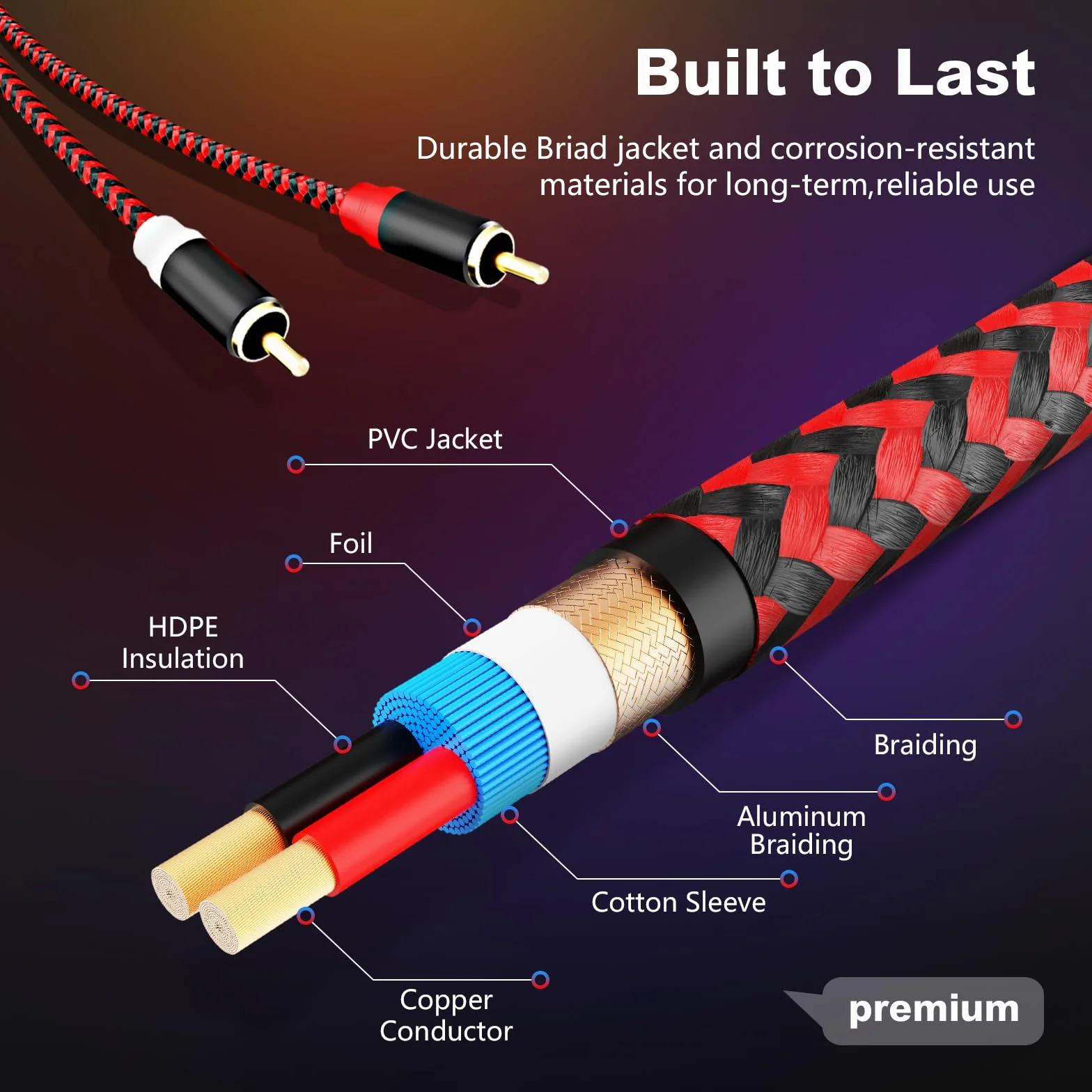 Kabel RCA 4M, 2Rca męski na 2-Rca męski kabel subwoofera audio stereo [dźwięk Hi-Fi] nylonowy pleciony przewód pomocniczy do kina domowego, systemów Hi-Fi i więcej (12 stóp/4 m)
