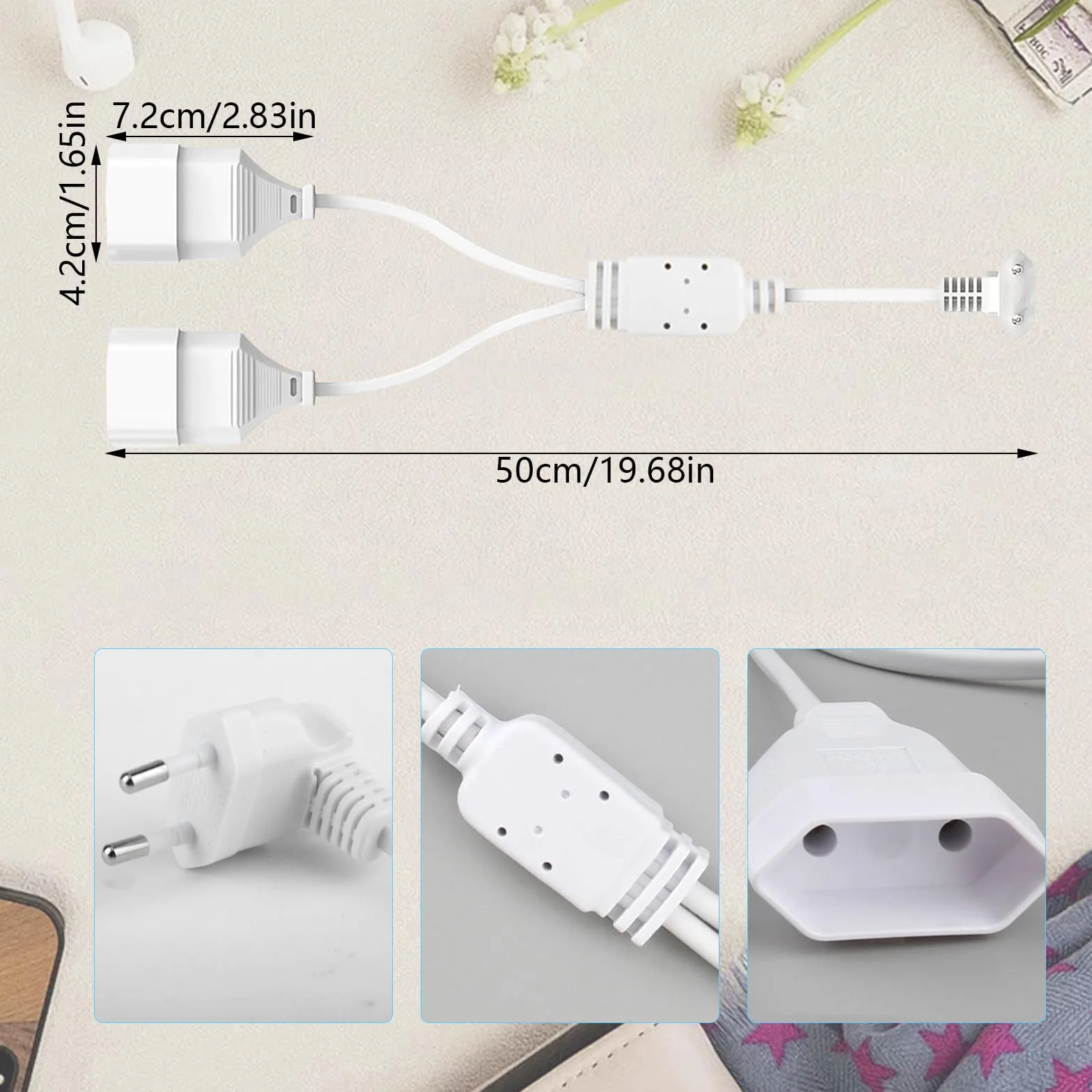 Przedłużacz kątowy Euro, wtyczka 90°, płaska, przedłużacz 2 w 1, cienki, biały, wtyczka euro, przedłużenie 2,5 A/250 V do TV, PC, monitora