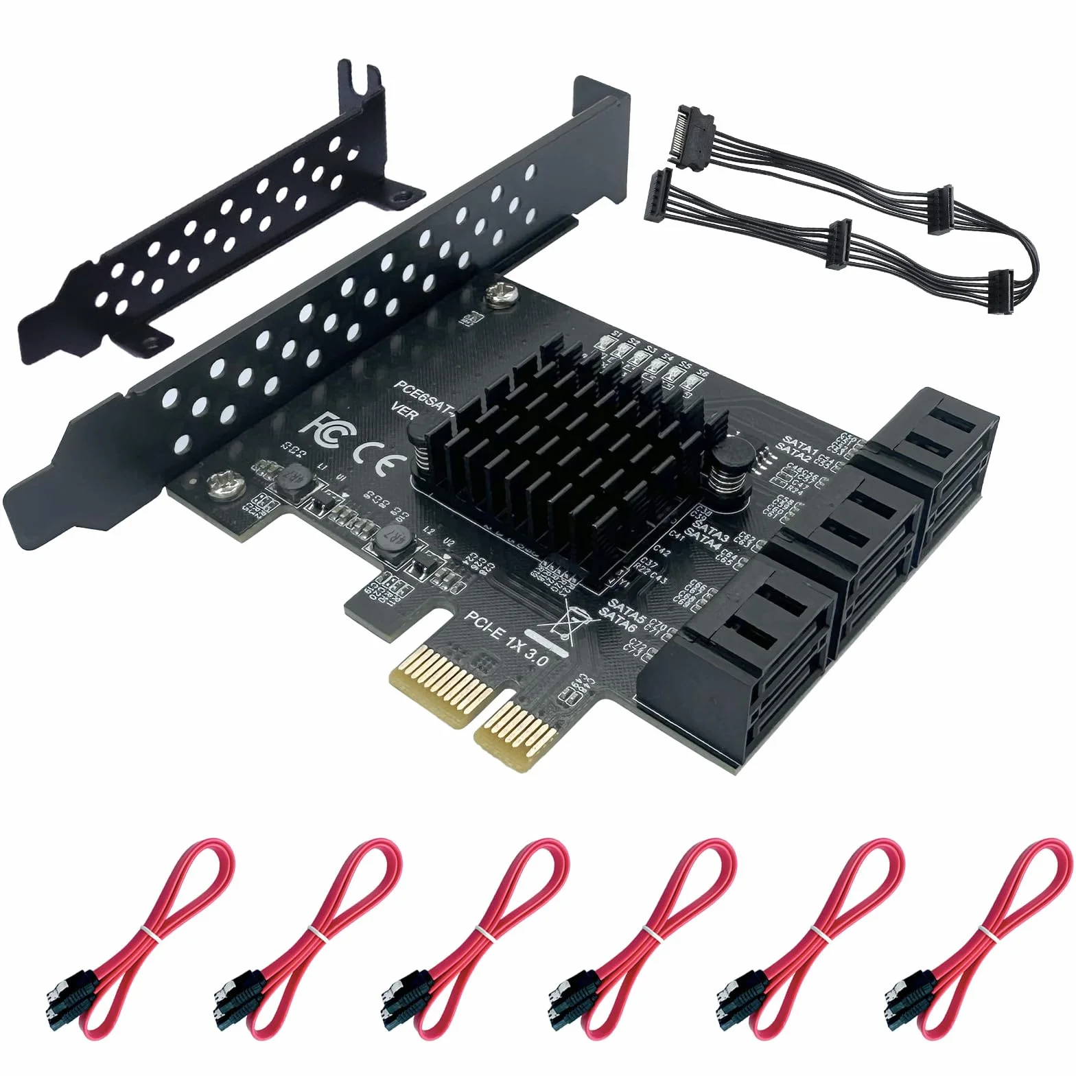 Karta SATA PCIe x1 z 6 portami, kontroler kart rozszerzeń PCIE 3.0 SATA (6 Gbit/s), karta SATA III z 6 kablami SATA, 15-biegunowy kabel rozdzielający zasilanie SATA do Windows, Mac OS, systemu Linux