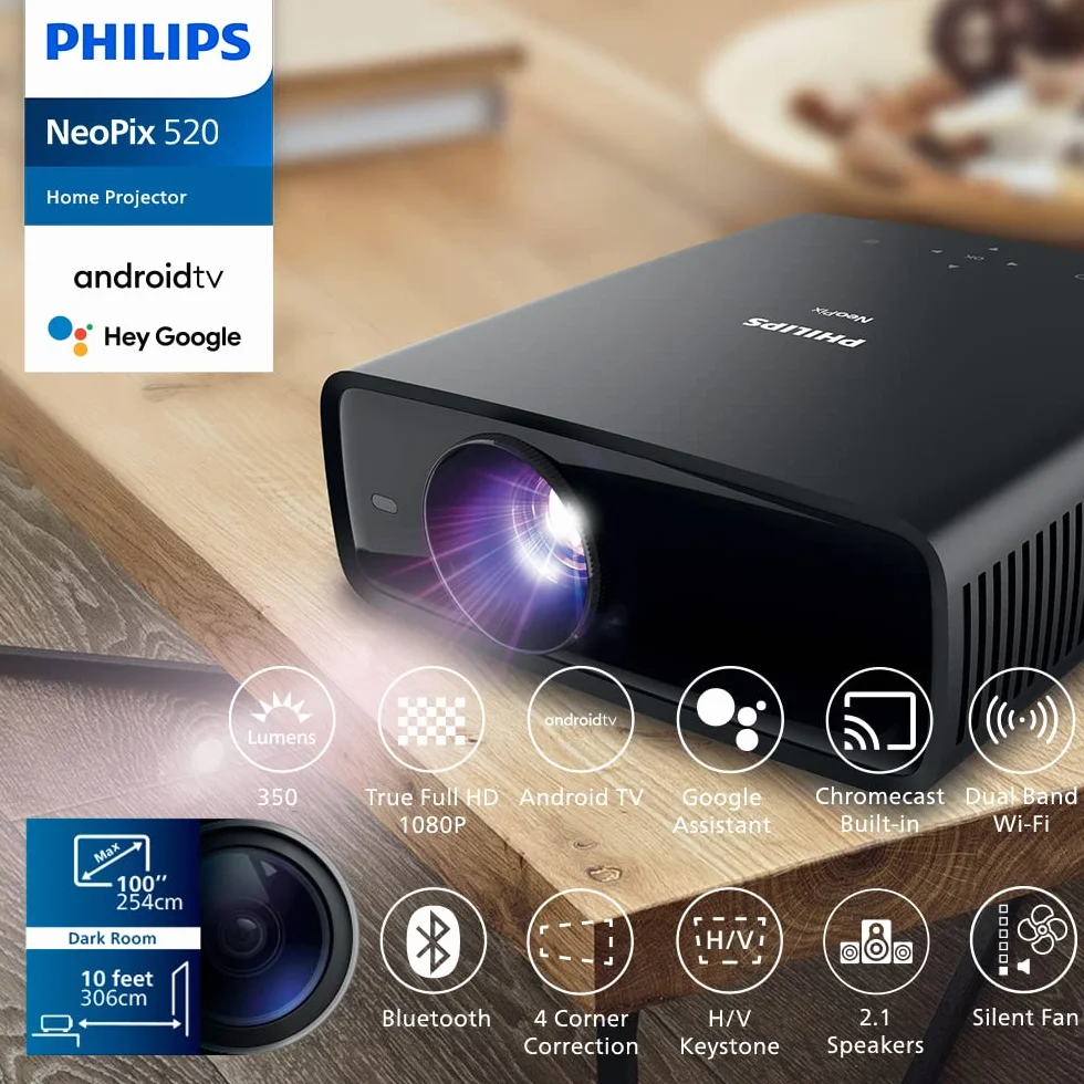Philips NeoPix 520, projektor True Full HD z wbudowanym Android TV, Chromecastem i złączem HDMI