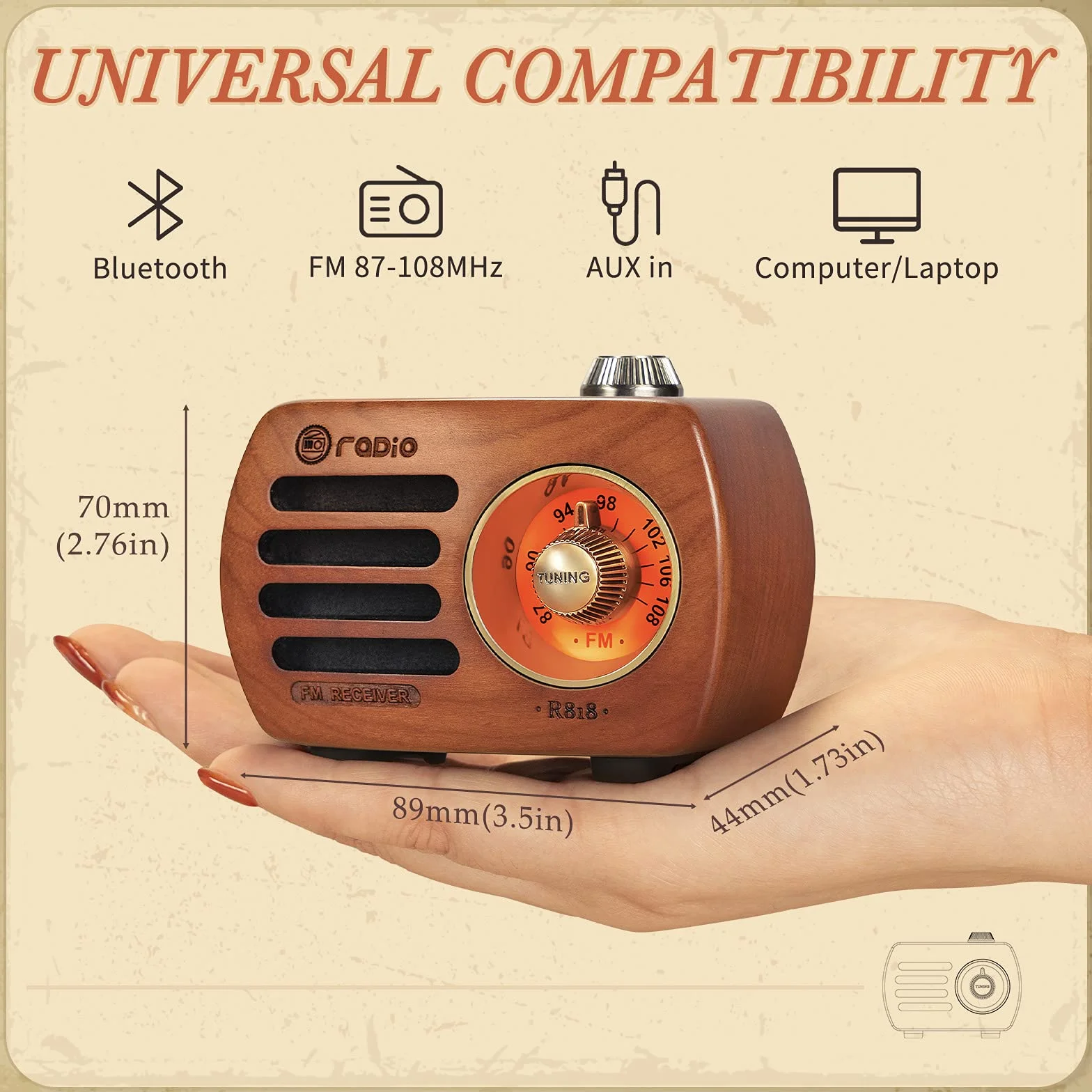 PRUNUS R-818 drewniane radio retro z głośnikiem Bluetooth, przenośne FM FM, małe ładowanie, głośnik basowy o doskonałej jakości basów, obsługuje wejście AUX (drewno wiśniowe)