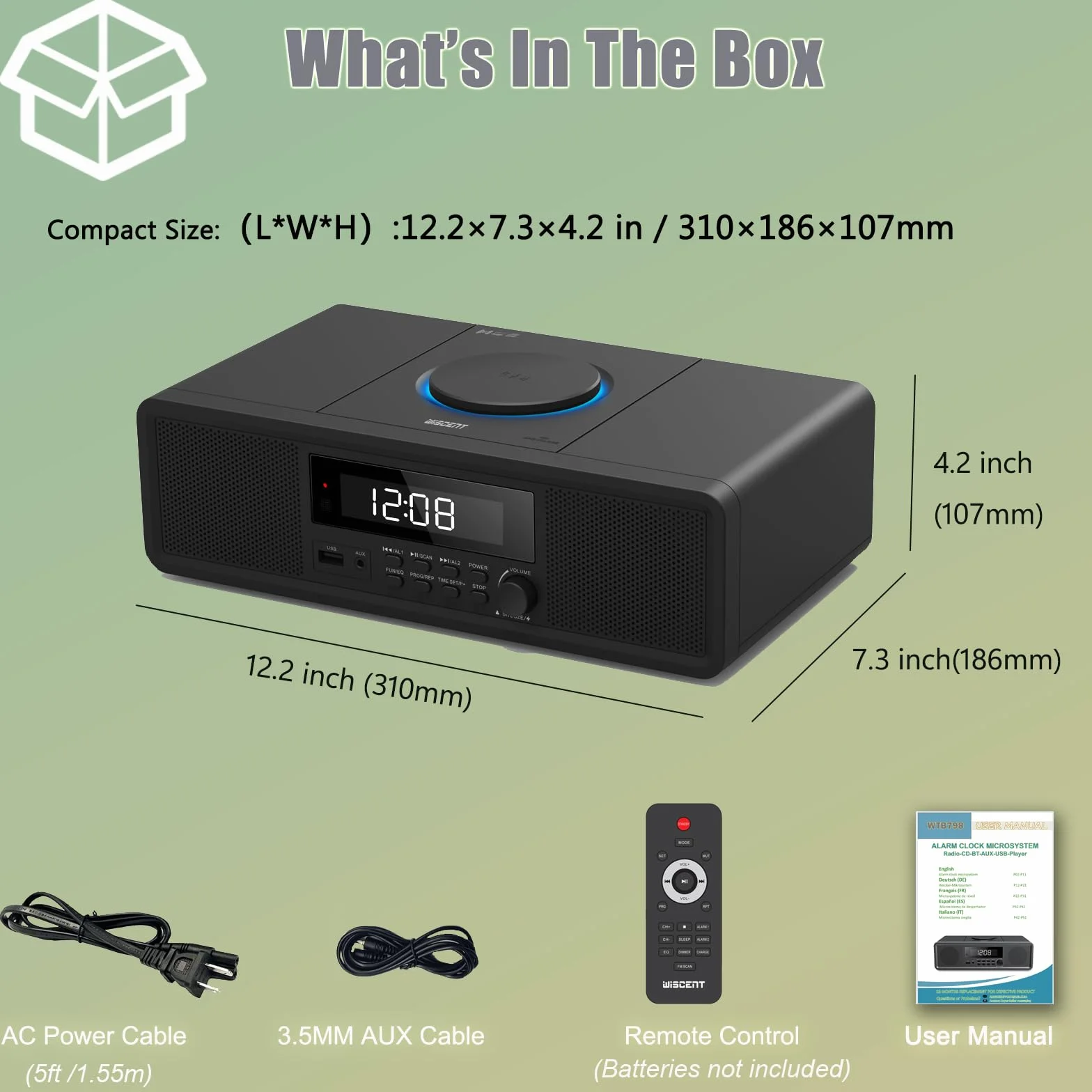 Zestaw stereo kompaktowy domowy system stereo, odtwarzacz CD z Bluetooth, radio FM, wejście Aux-In, odtwarzanie USB, zegar cyfrowy, podwójny budzik, odtwarzacz CD do domu