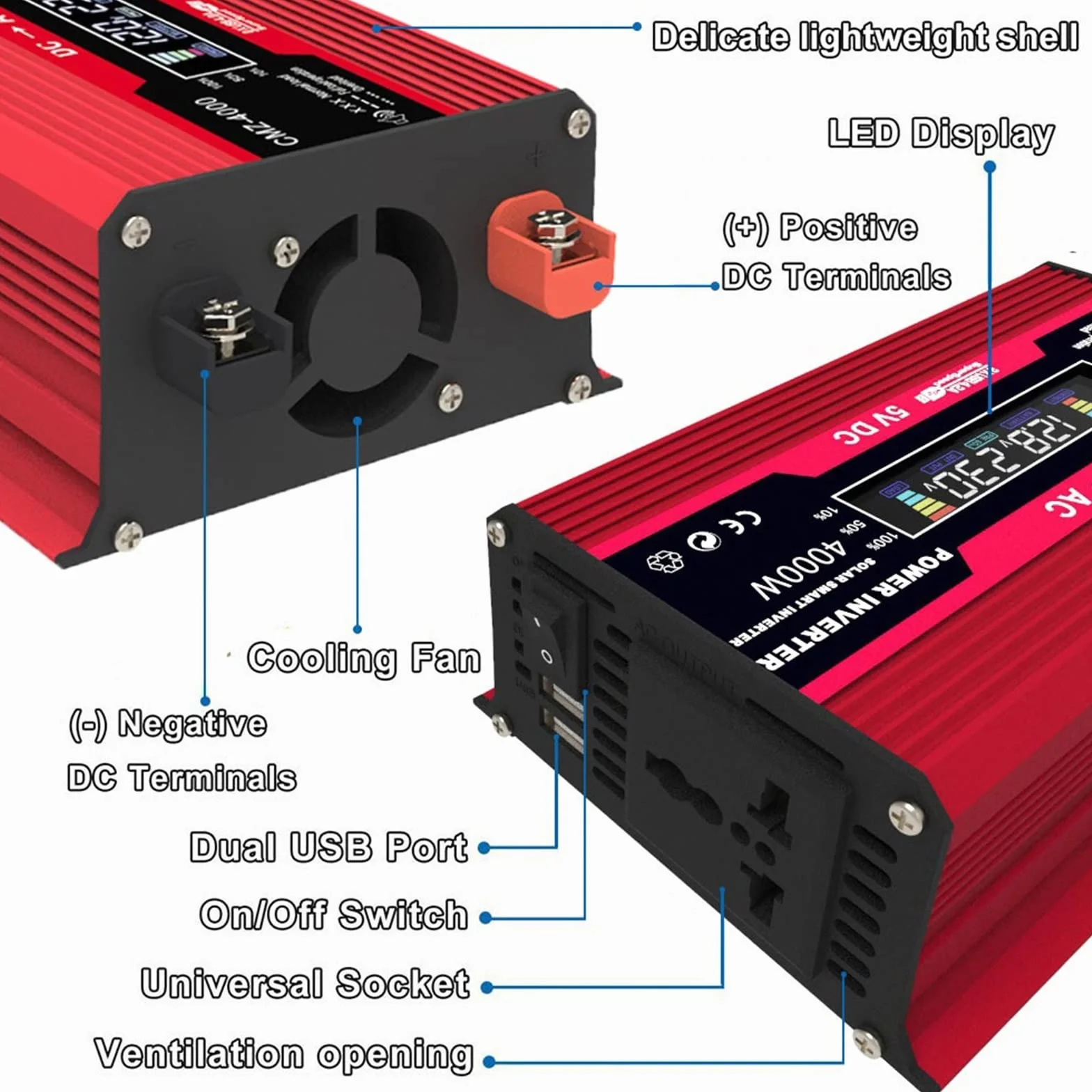 Falownik, 4000W zmodyfikowana fala sinusoidalna przetwornica napięcia 12V 220 do generatora konwerterów domowych z przetwornicą częstotliwości ładowania LCD(4000W Red)