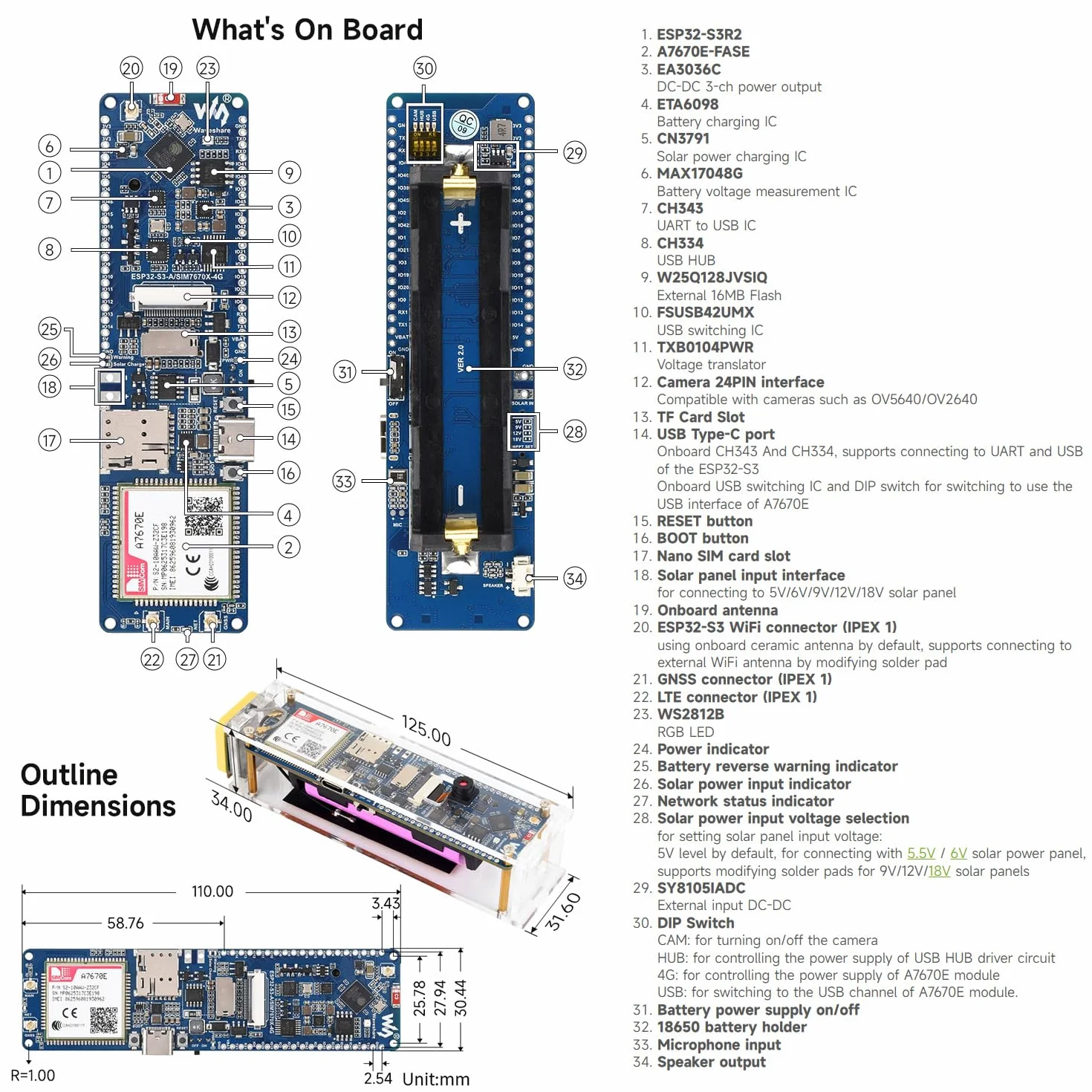 Waveshare ESP32-S3 A7670E 4G Development Board, with Camera/Speaker/Antenna | LTE Cat-1/2G/WiFi/BT/Telephone Call/SMS/GNSS Positioning Support, For 4G Portable WiFi