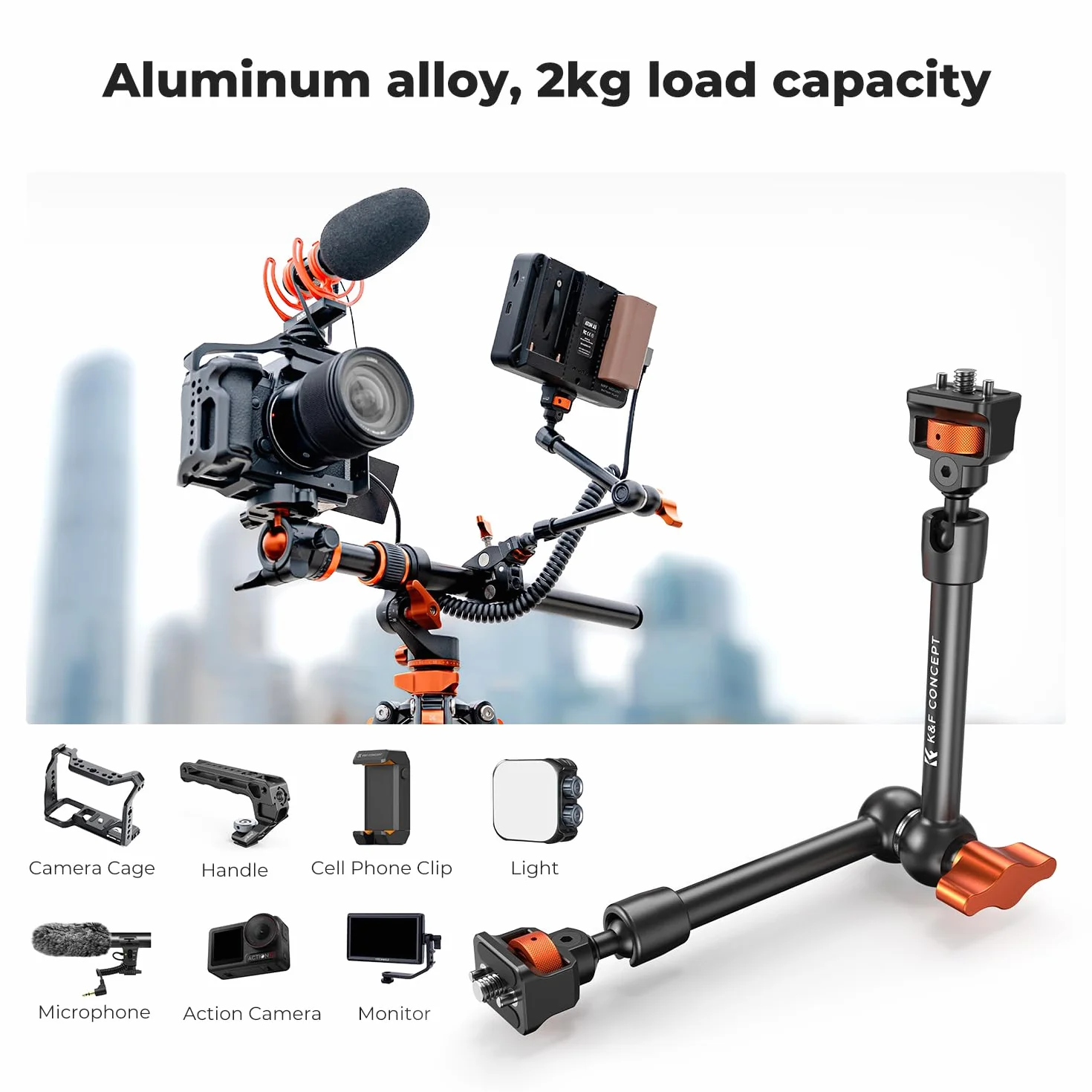 K&F CONCEPT 11 cali Magic Arm z Super Clamp, uchwyt na kamerę do klatki, monitora LED, światła, aparatu akcji, obciążenie 2 KG
