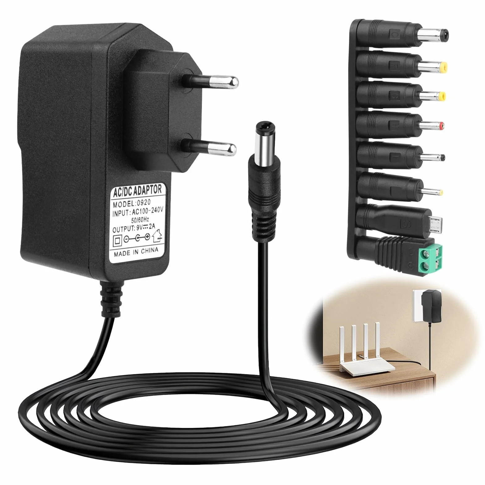 9 V 2 A zasilacz AC adapter z 8 wtyczkami DC 5,5 x 2,1 mm ładowarka do falownika 500 mA do 2000 mA zasilacz sieciowy do routera taśmy LED CCTV WLAN Hub FritzBox urządzenia adapter zasilacza konwerter