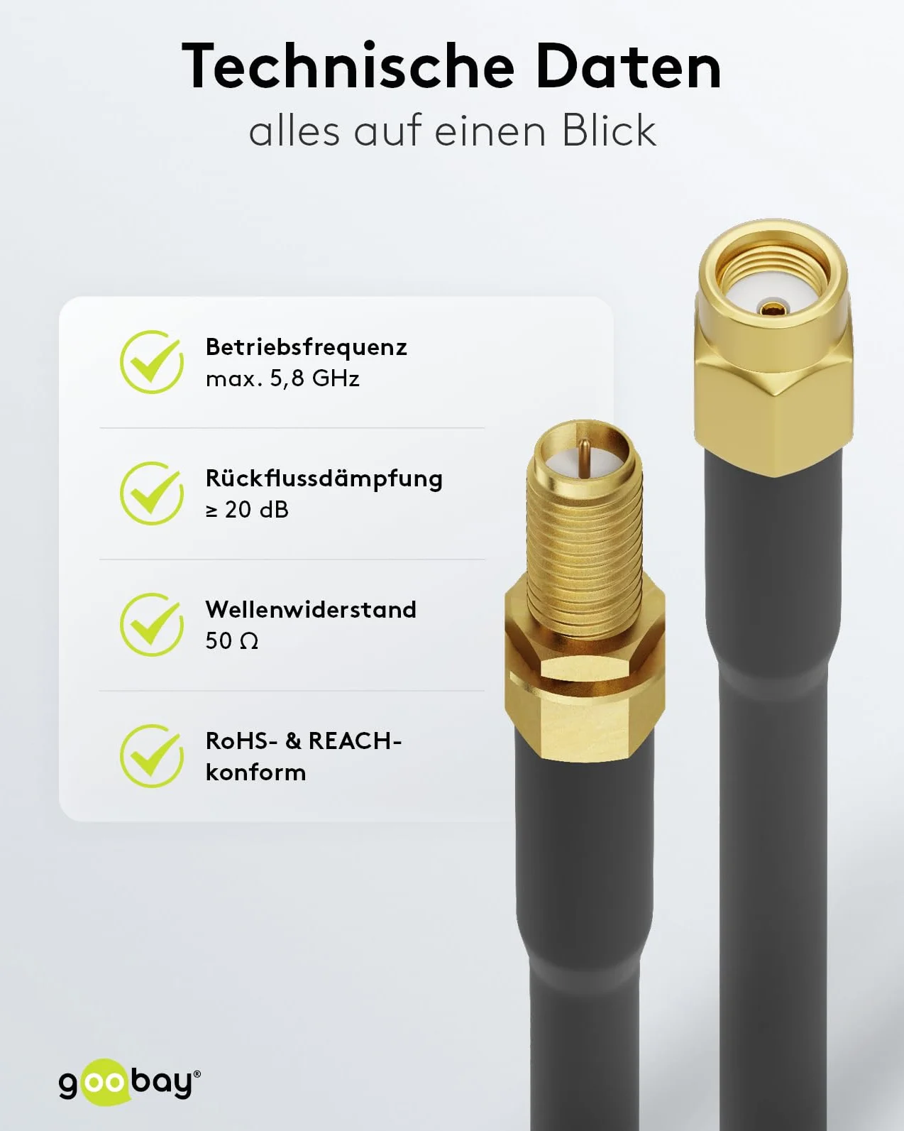 goobay 51676 kabel przedłużający do anteny Wi-Fi, wtyczka RP-SMA na gniazdo, 50 omów, kabel koncentryczny do 2,4 i 5 GHz, do optymalizacji zasięgu routerów i anten WLAN