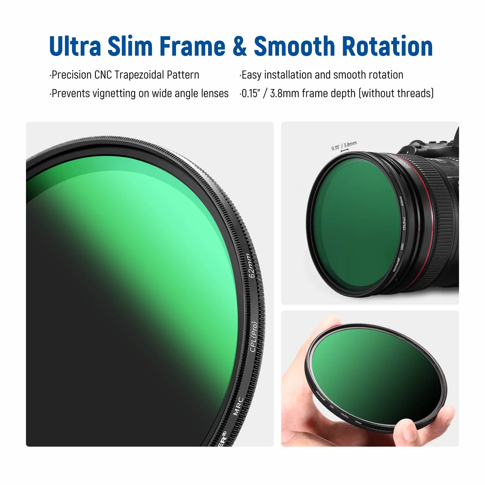 NEEWER Filtr polaryzacyjny 62 mm, filtr CPL z 30 warstwami wielowarstwowo powlekana folia polaryzacyjna, zmniejsza odblaski/poprawia kontrast/ultracienkie/szkło optyczne HD do obiektywu aparatu 62 mm