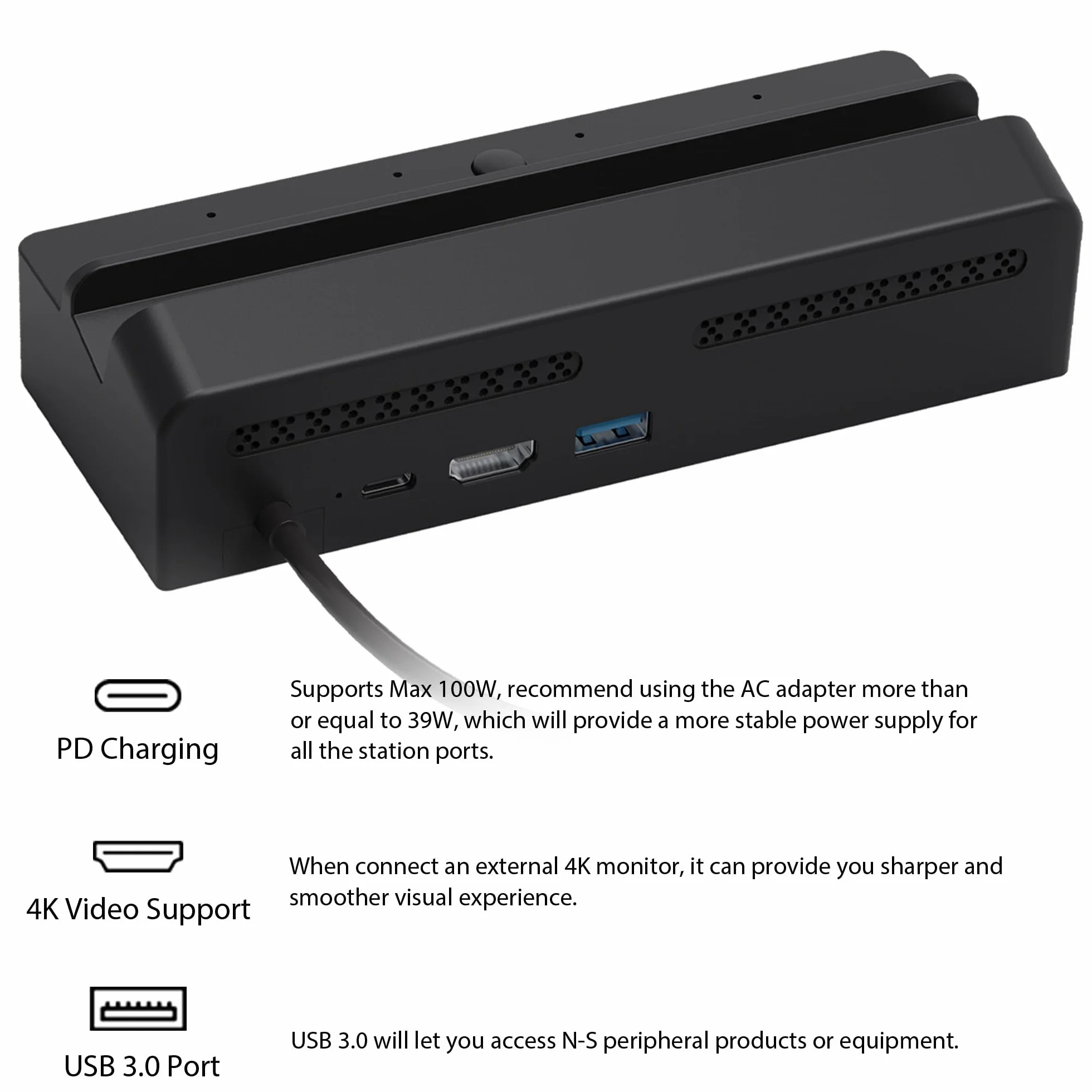 DOBEWINGDELOU czytnik kart do Switch/Switch OLED TV stacja ładująca DOBEWINGDELOU akcesoria uchwyt na karty do szybkiego przełączania PD Charing, 4K HDMI, port USB 3.0, wyświetlacz LED