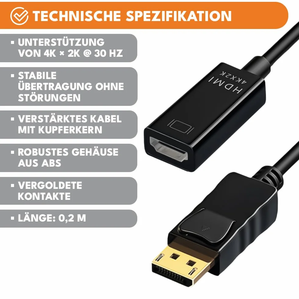 KRUMAD Adapter DisplayPort na HDMI 4K@30Hz, konwerter DisplayPort do HDMI 0,2 m, adapter wideo do PC laptopa monitora TV, obsługa 4K 3840×2160